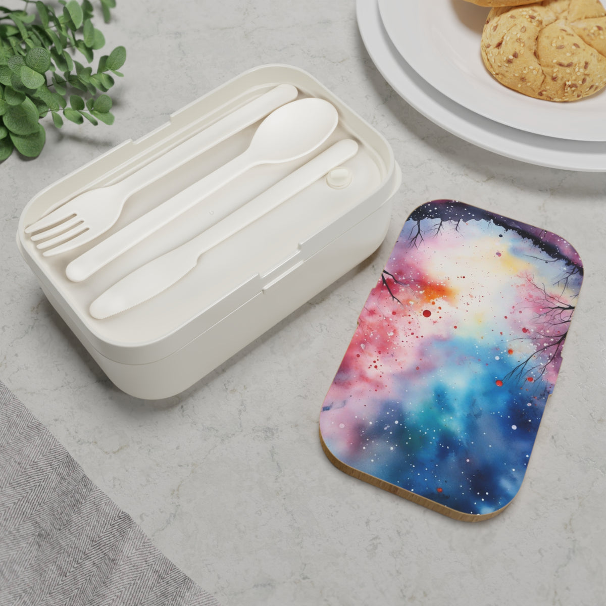 Stylish Bento Box Lunchbox – Portable, Designed Food Container with Wooden Lid & Two Moveable Compartments for Work, School & Picnics