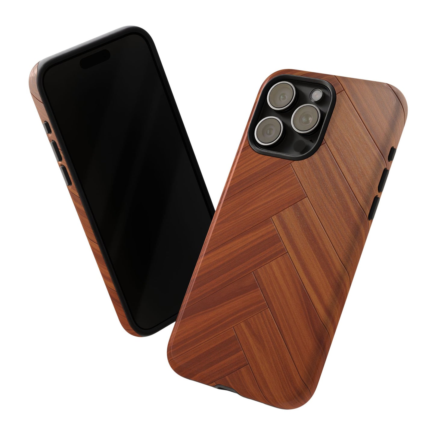 iPhone Tough Cases Phone Cases for iPhone 14\15\16\17 – Dual Layer, Matte/Glossy Finish, Wireless Charging Compatible. Plastic Woodgrain Herringbone Design Phone Case