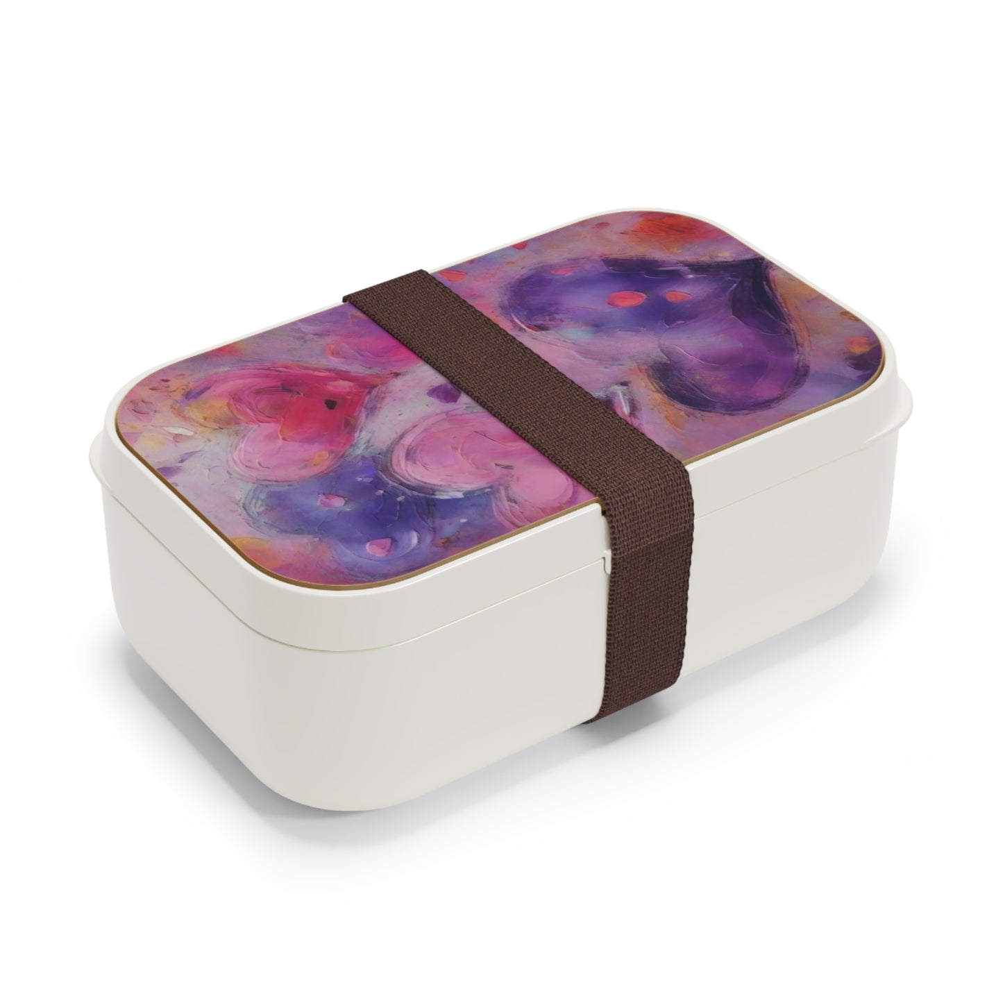 Heart Watercolor Bento Box — Purple & Pink Cute Lunch Box - Portable Food Container with Wooden Lid & Two Moveable Compartments for Work, School & Picnics