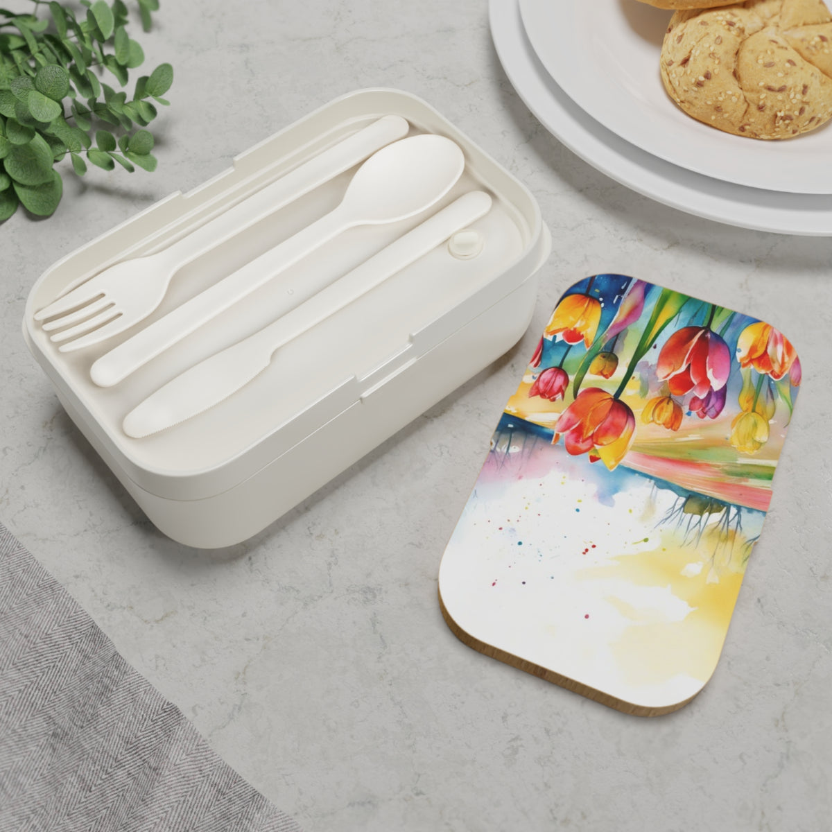 Stylish Bento Box Lunchbox – Portable, Designer Food Container with Wooden Lid & Two Moveable Compartments for Work, School & Picnics