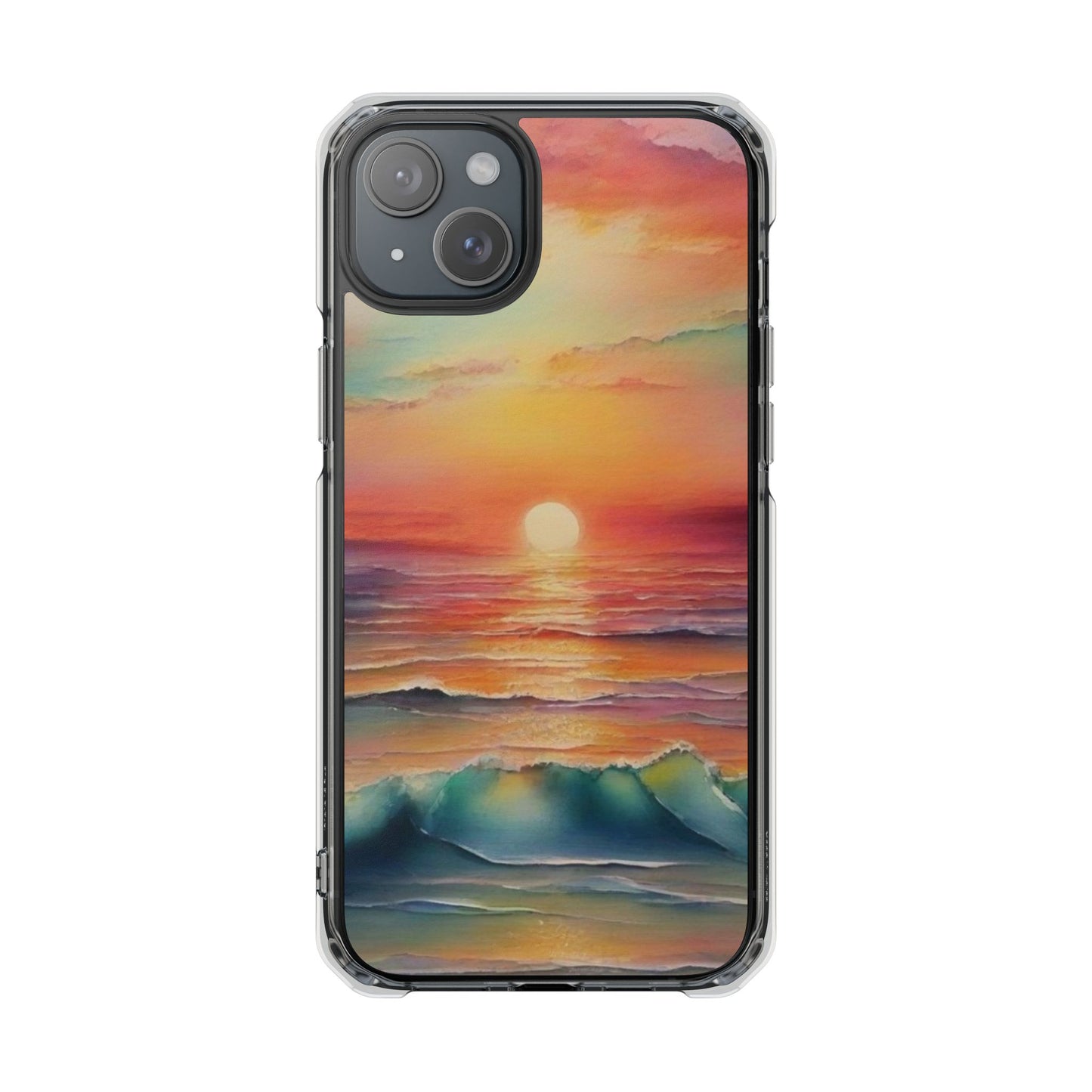 Clear Magnetic Phone Case — Sunset Ocean Art Design. Magnetic Impact Phone Case for iPhone 17/16/15/14. The Embedded Magnet Ring Keeps MagSafe Accessories Snapping on Smoothly.