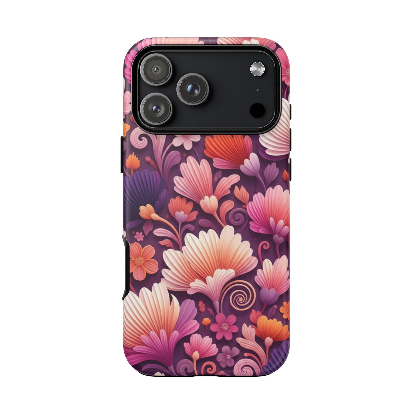 Floral Vibes Phone Case — iPhone Tough Cases Phone Cases for iPhone 14\15\16\17 – Dual Layer, Matte/Glossy Finish, Wireless Charging Compatible. Pink & Purple Retro Blossom Protective Cover