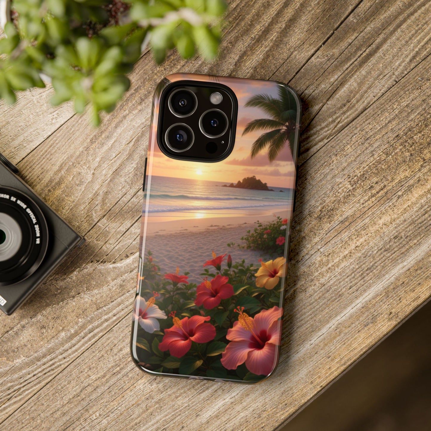 iPhone Tough Cases Phone Cases for iPhone 14\15\16\17 – Dual Layer, Matte/Glossy Finish, Wireless Charging CompatibleTough Cases — Tropical Sunset Hibiscus Phone Case