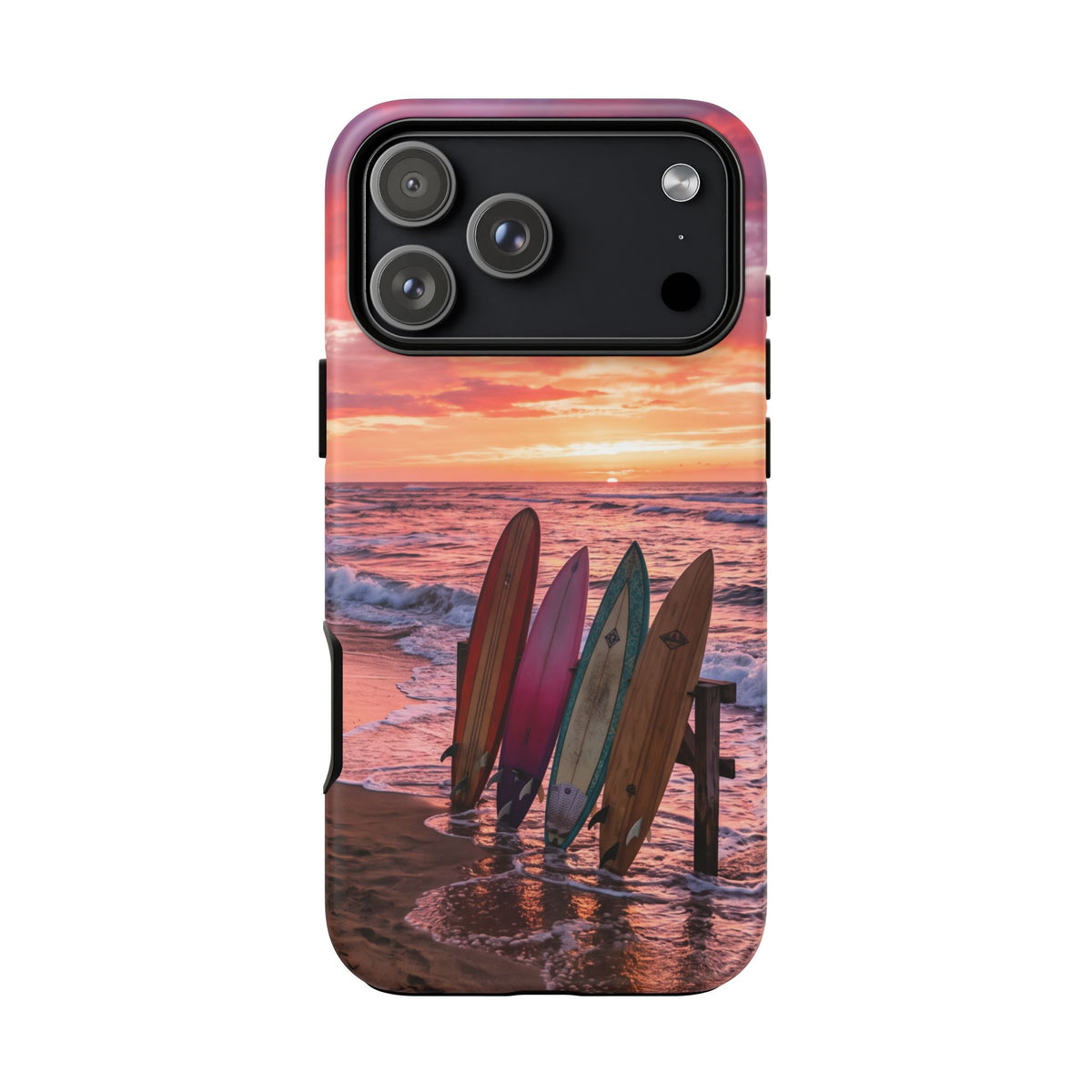 iPhone Tough Cases Phone Cases for iPhone 16\17\18 – Dual Layer, Matte/Glossy Finish, Wireless Charging Compatible. Phone Case - Sunset Surfboard Beach Case