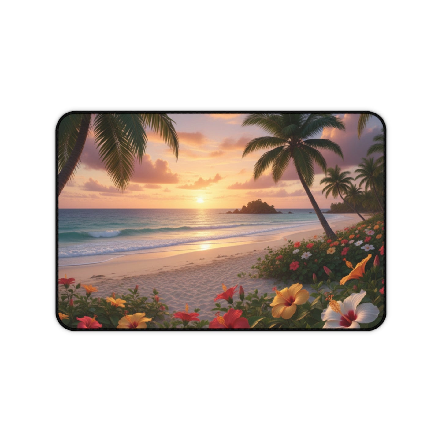 Large Gaming Mouse Pad – Premium Mouse Pad & Tech Accessory for Home & Office, Premium Desk Mat, Gaming Mouse Pad, Non-slip, Tropical Sunset Beach Desk Mat — Scenic Palm Tree & Hibiscus Mouse Pad
