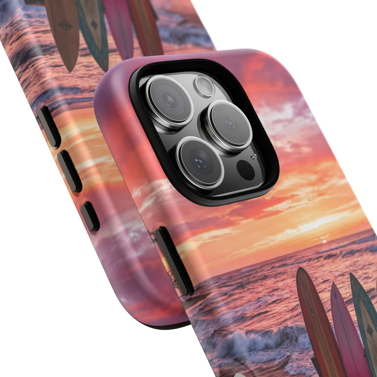 iPhone Tough Cases Phone Cases for iPhone 16\17\18 – Dual Layer, Matte/Glossy Finish, Wireless Charging Compatible. Phone Case - Sunset Surfboard Beach Case