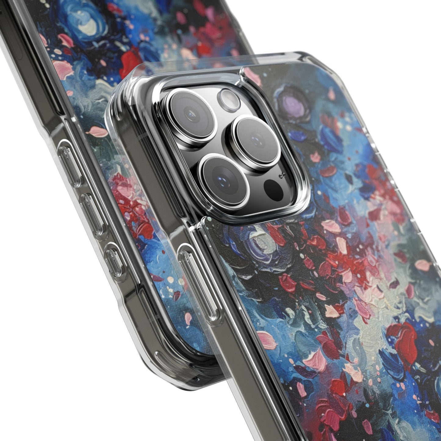 Magnetic Impact Phone Case for iPhone 17/16/15/14 Clear Magnetic Impact Phone Case — Abstract Red & Blue Galaxy Design