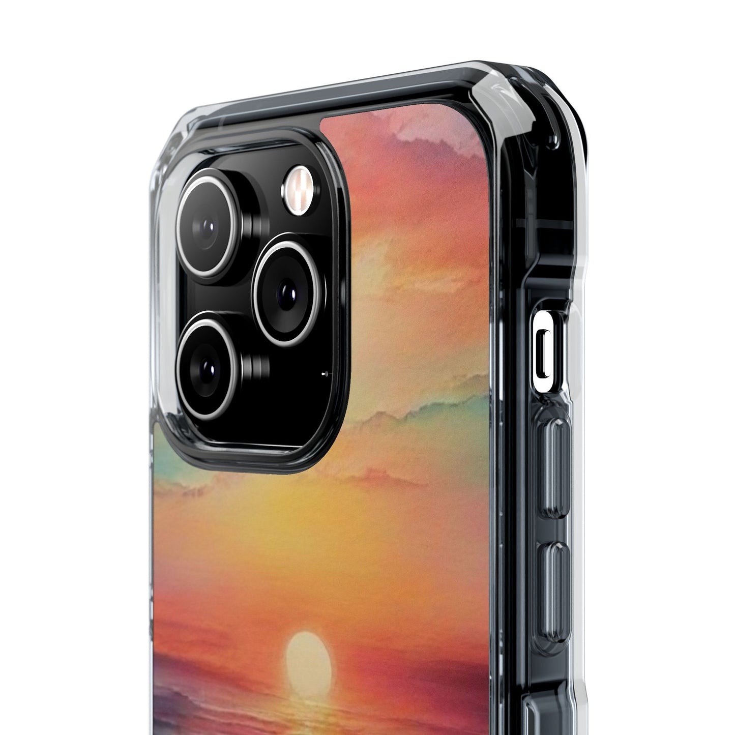 Clear Magnetic Phone Case — Sunset Ocean Art Design. Magnetic Impact Phone Case for iPhone 17/16/15/14. The Embedded Magnet Ring Keeps MagSafe Accessories Snapping on Smoothly.