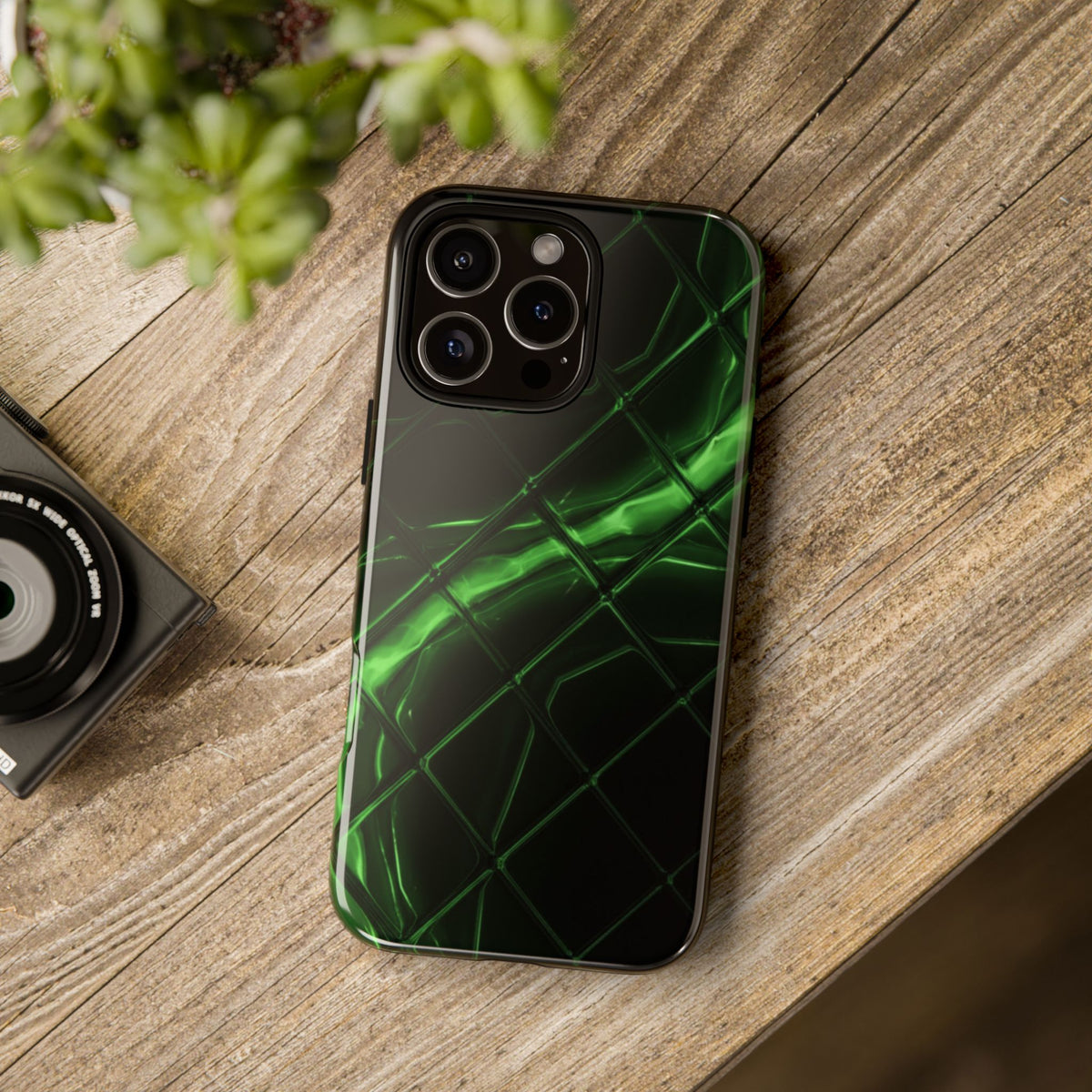 iPhone Tough Cases Phone Cases for iPhone 14\15\16\17 – Dual Layer, Matte/Glossy Finish, Wireless Charging Compatible. Green Neon Grid Phone Case — Protective Tough Case with Abstract Glow Design