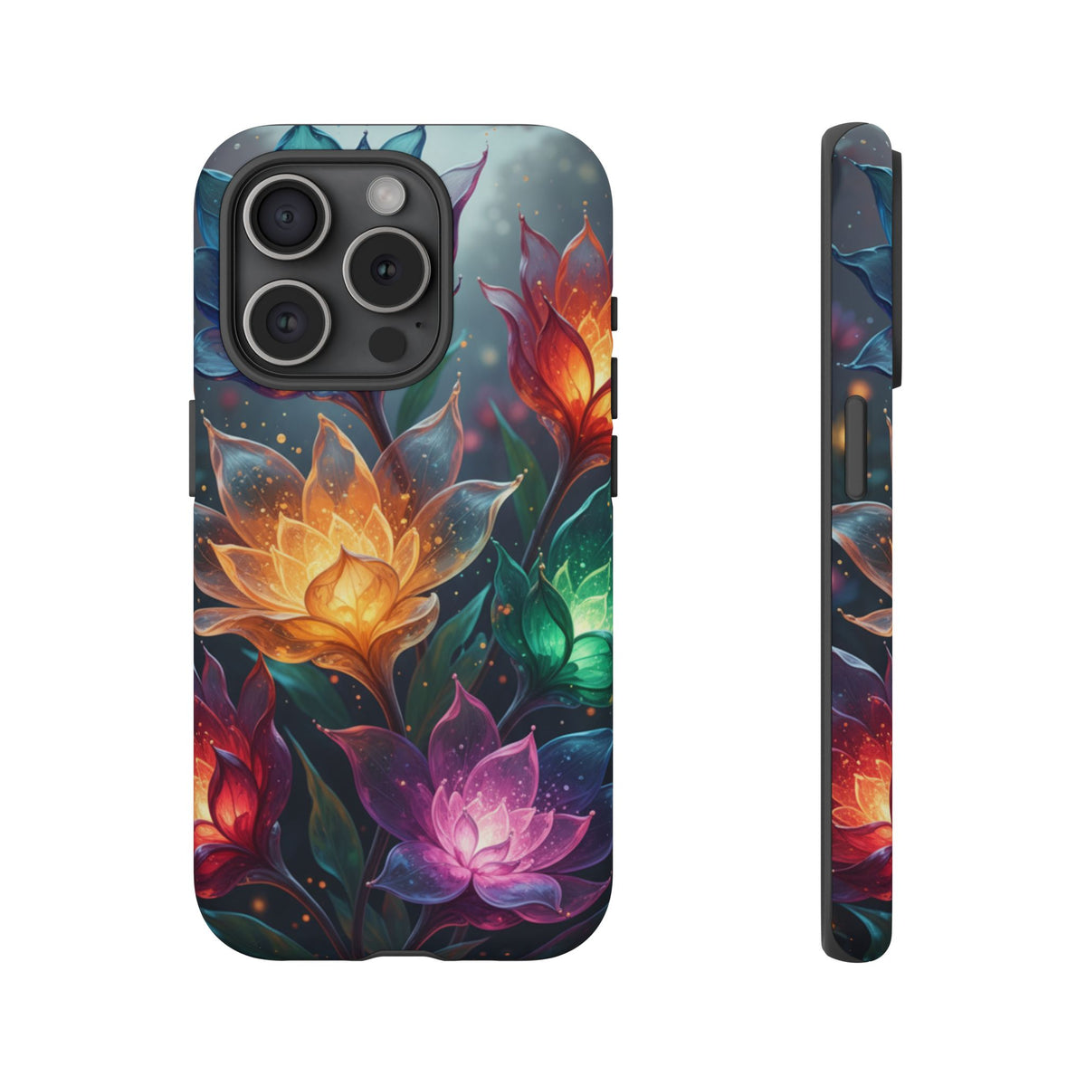 iPhone Tough Cases Phone Cases for iPhone 14\15\16\17 – Dual Layer, Matte/Glossy Finish, Wireless Charging CompatibleFloral Lotus Tough Phone Case - Colorful Glowing Flowers Protective Cover