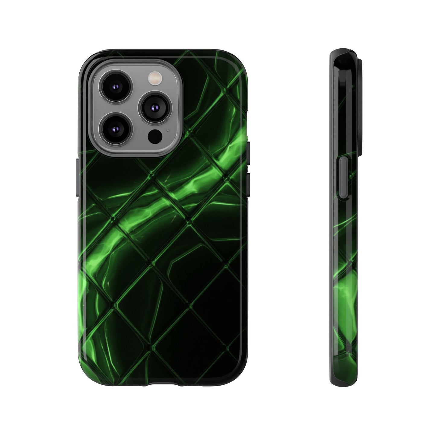 iPhone Tough Cases Phone Cases for iPhone 14\15\16\17 – Dual Layer, Matte/Glossy Finish, Wireless Charging Compatible. Green Neon Grid Phone Case — Protective Tough Case with Abstract Glow Design