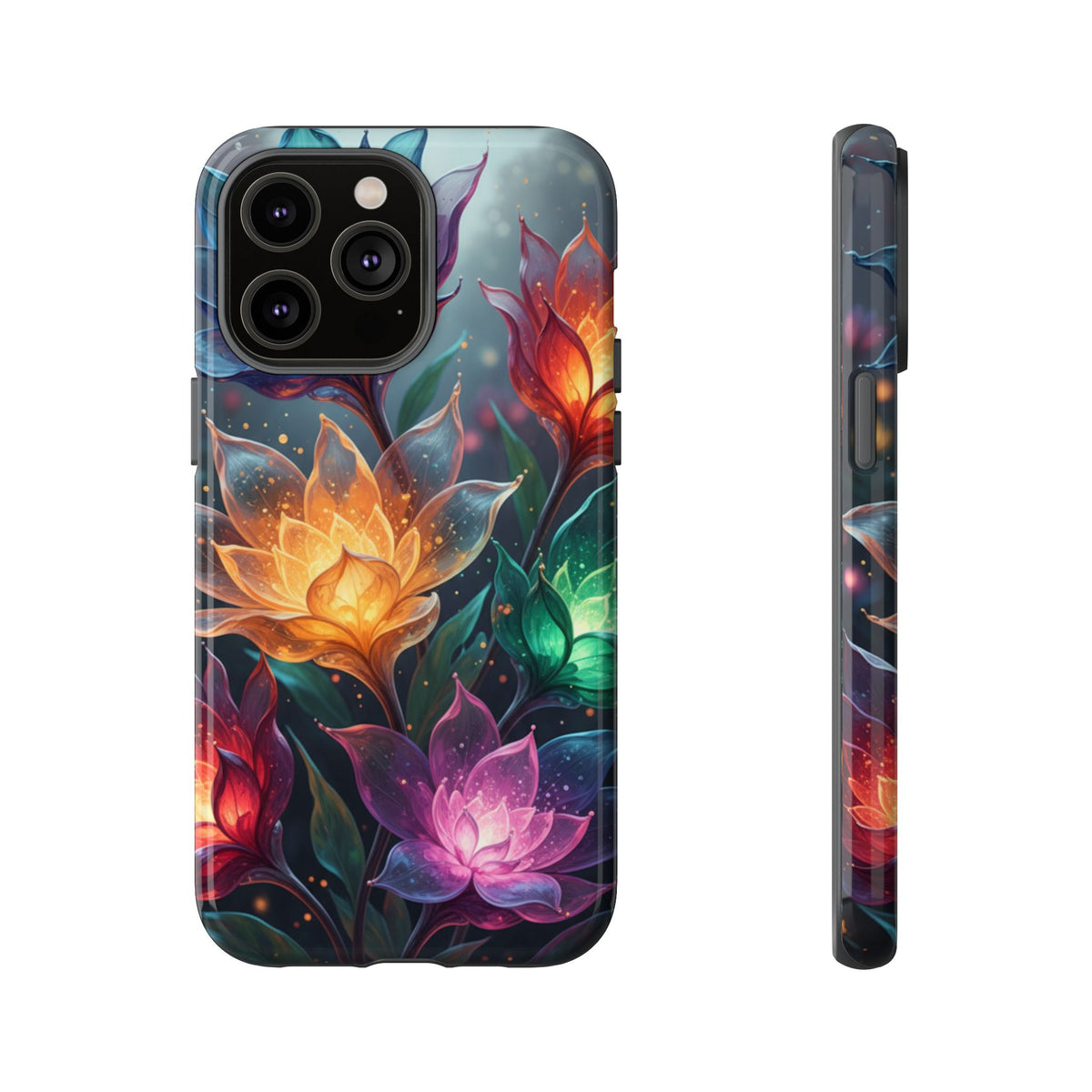 iPhone Tough Cases Phone Cases for iPhone 14\15\16\17 – Dual Layer, Matte/Glossy Finish, Wireless Charging CompatibleFloral Lotus Tough Phone Case - Colorful Glowing Flowers Protective Cover