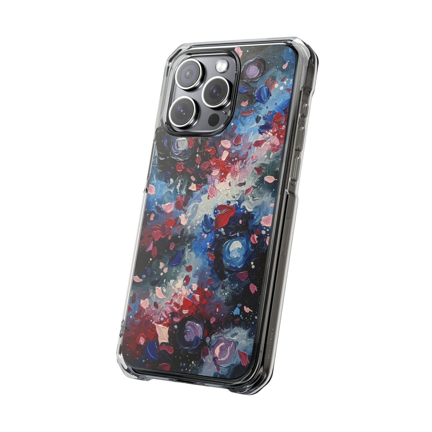 Magnetic Impact Phone Case for iPhone 17/16/15/14 Clear Magnetic Impact Phone Case — Abstract Red & Blue Galaxy Design