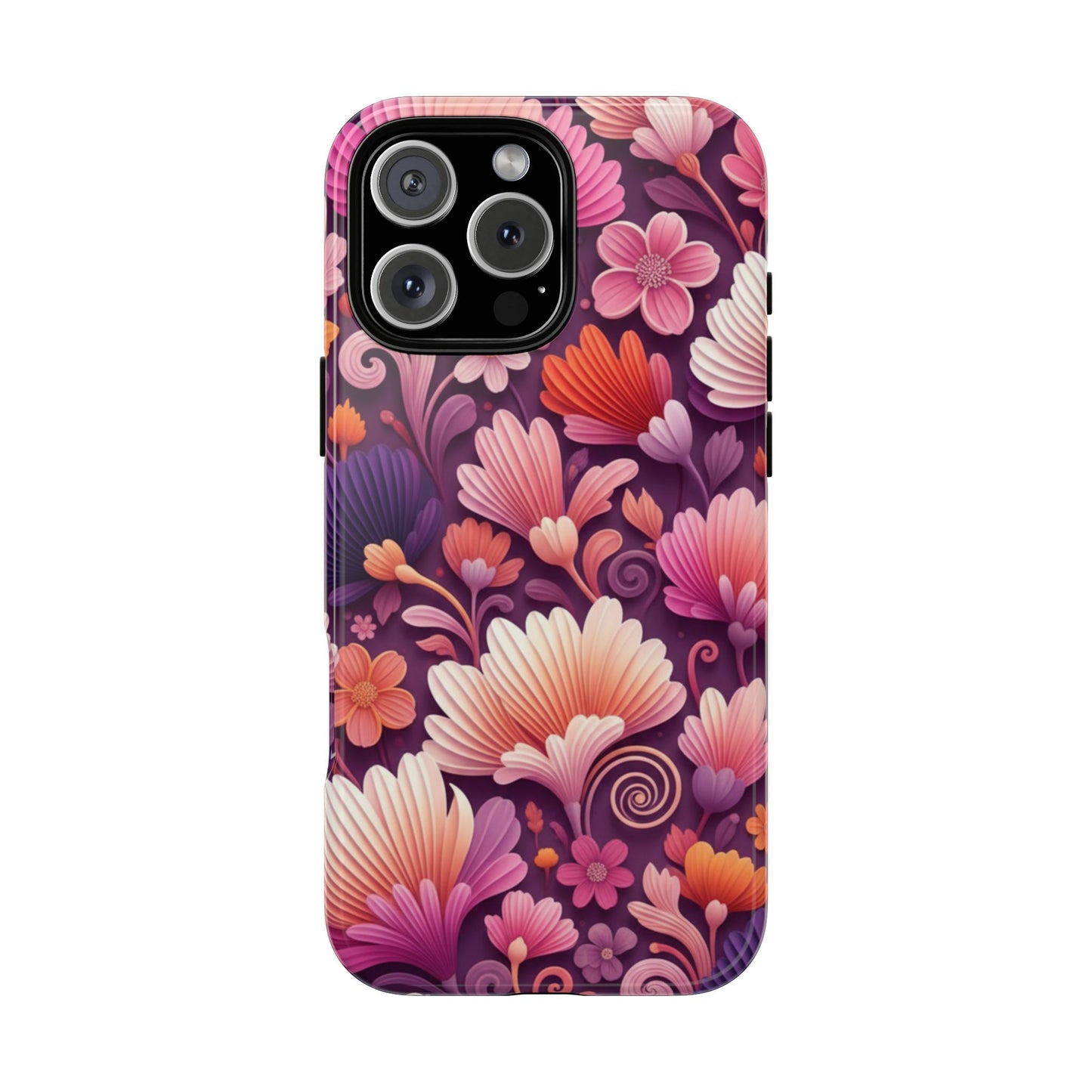 Floral Vibes Phone Case — iPhone Tough Cases Phone Cases for iPhone 14\15\16\17 – Dual Layer, Matte/Glossy Finish, Wireless Charging Compatible. Pink & Purple Retro Blossom Protective Cover