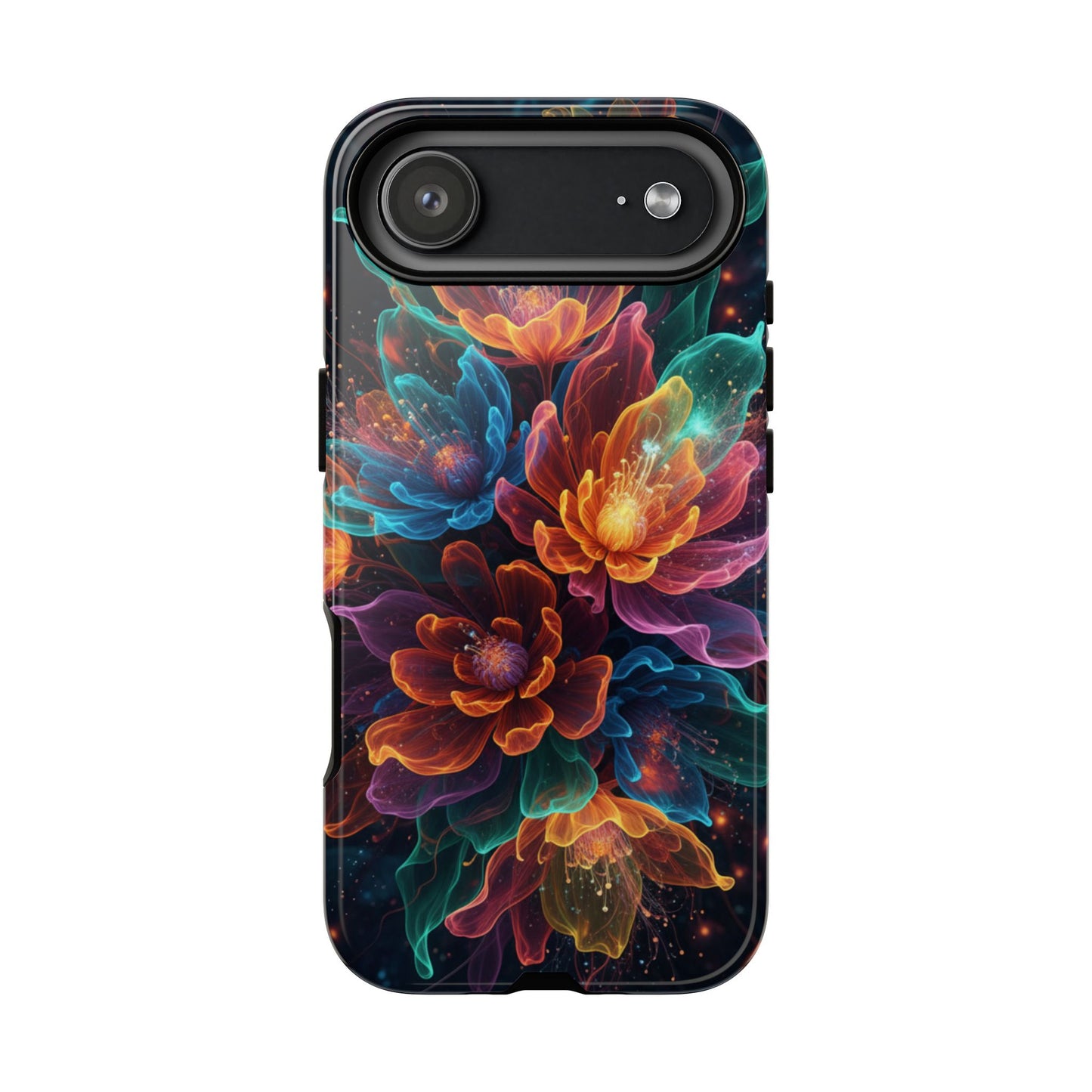 Floral Nebula Tough Phone Case — Colorful Cosmic Flower Protective Cover. iPhone Tough Cases Phone Cases for iPhone 14\15\16\17 – Dual Layer, Matte/Glossy Finish, Wireless Charging Compatible