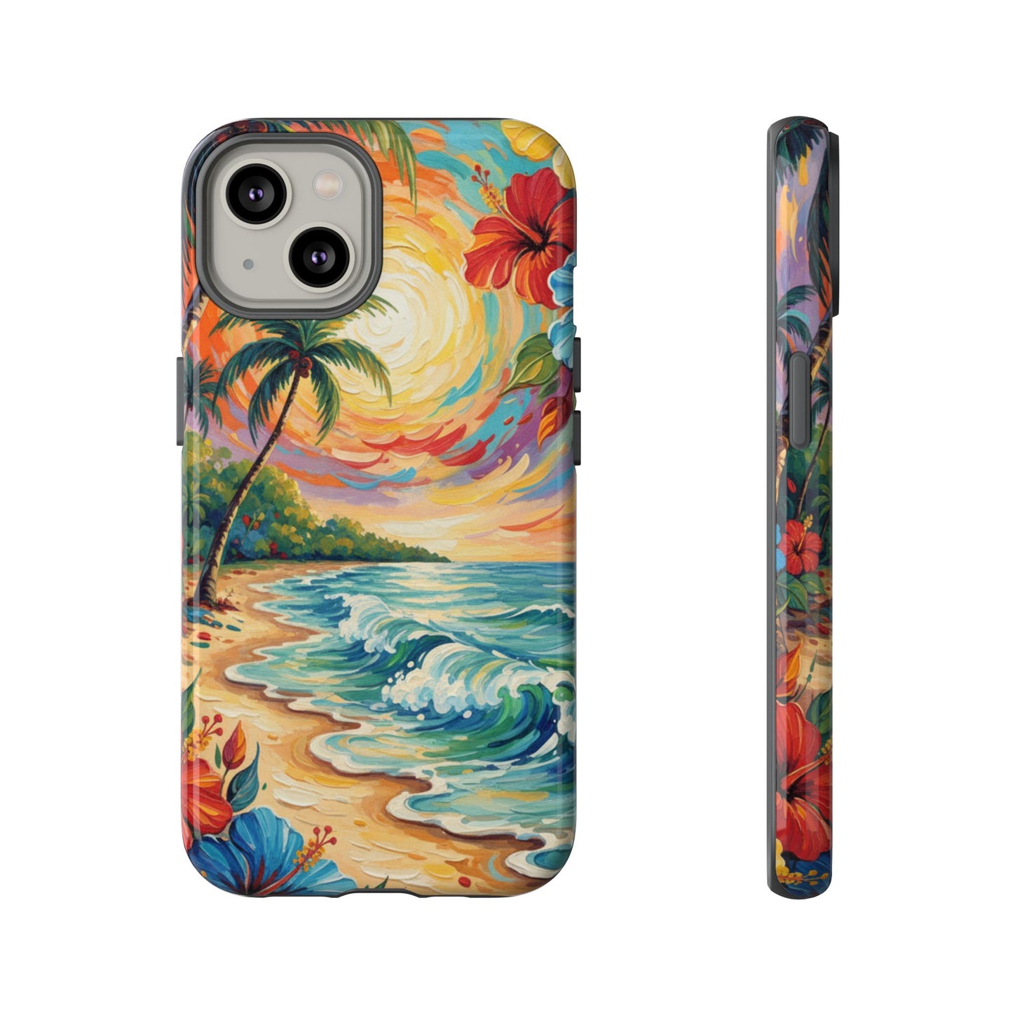 iPhone Tough Cases Phone Cases for iPhone 14\15\16\17 – Dual Layer, Matte/Glossy Finish, Wireless Charging Compatible, Tropical Sunset Phone Case — Beach Palm Tree Protective Tough Case, iPhone 17 protective case