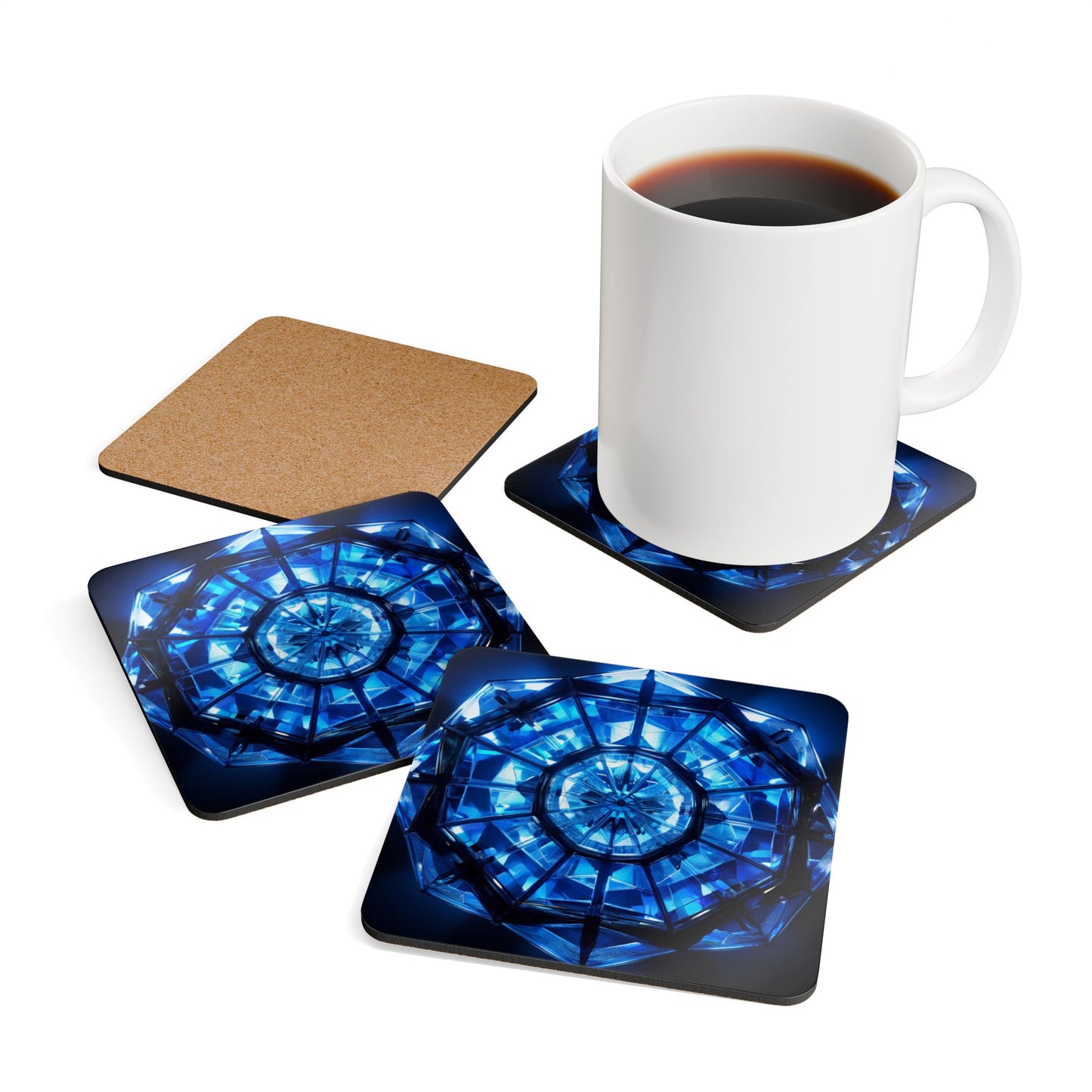 Artistic Corkwood Coaster Set - Geometric Blue Design for Home Decor, Kitchen Accessories