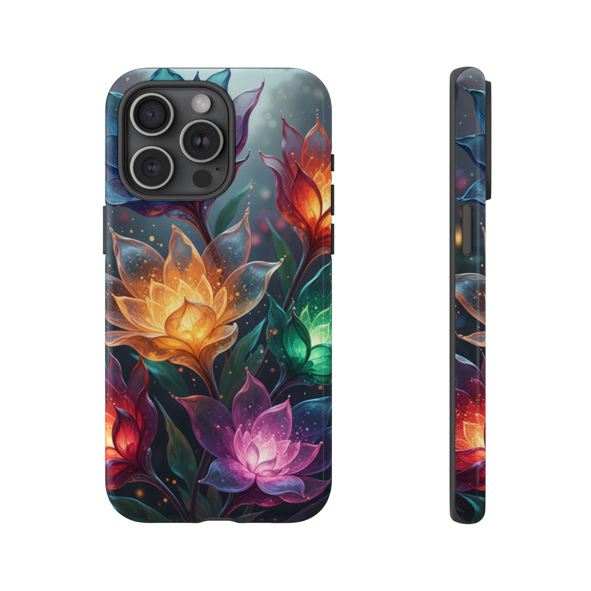 iPhone Tough Cases Phone Cases for iPhone 14\15\16\17 – Dual Layer, Matte/Glossy Finish, Wireless Charging CompatibleFloral Lotus Tough Phone Case - Colorful Glowing Flowers Protective Cover