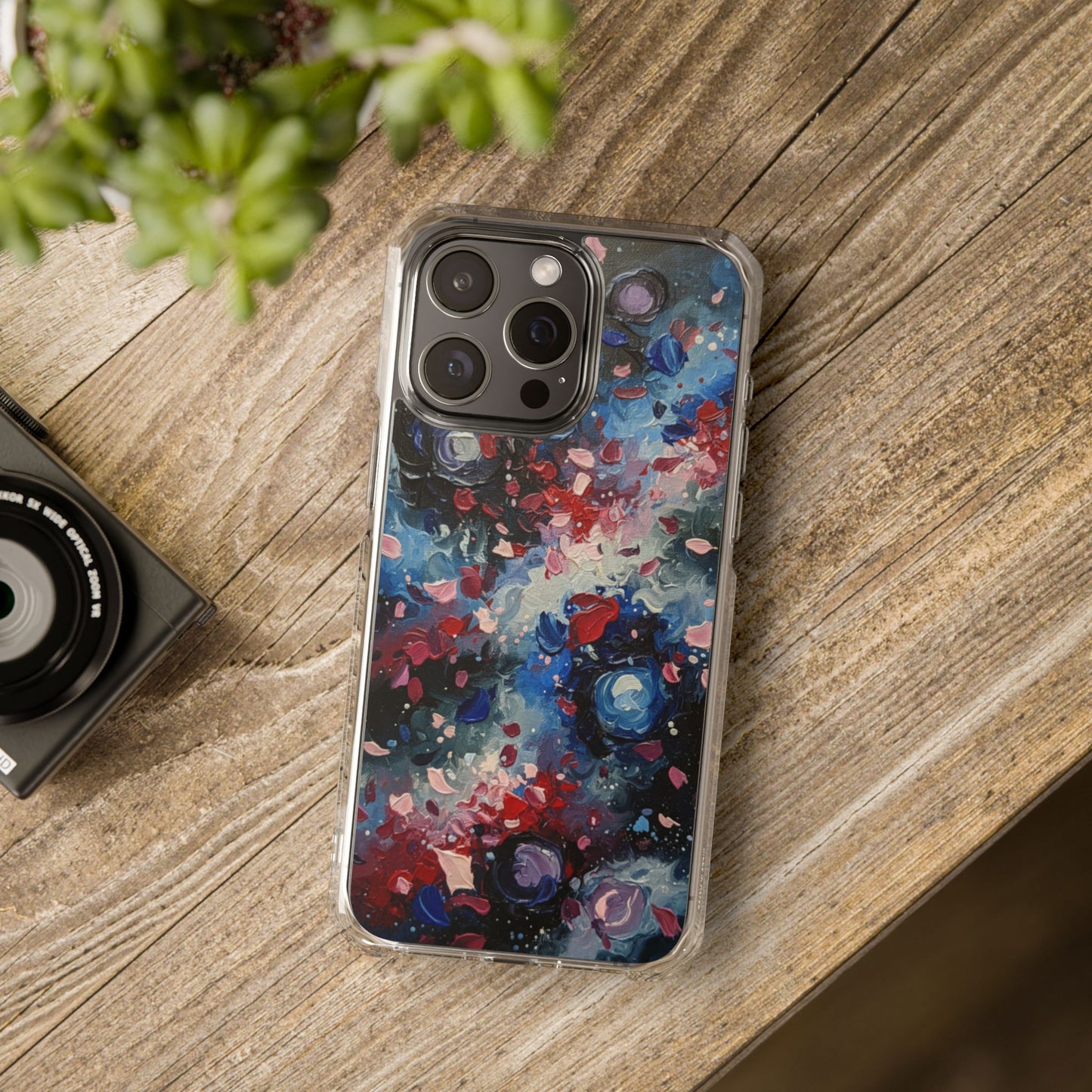 Magnetic Impact Phone Case for iPhone 17/16/15/14 Clear Magnetic Impact Phone Case — Abstract Red & Blue Galaxy Design