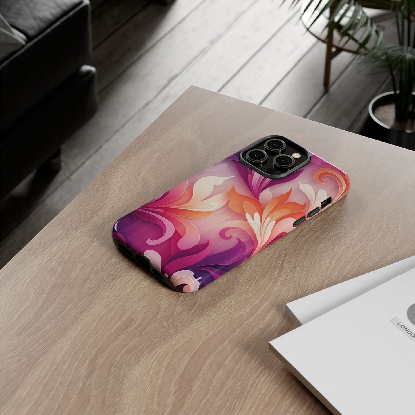 Floral Swirl Tough Phone Case iPhone Tough Cases Phone Cases for iPhone 14\15\16\17 – Dual Layer, Matte/Glossy Finish, Wireless Charging Compatible — Pink & Orange Protective iPhone Cover