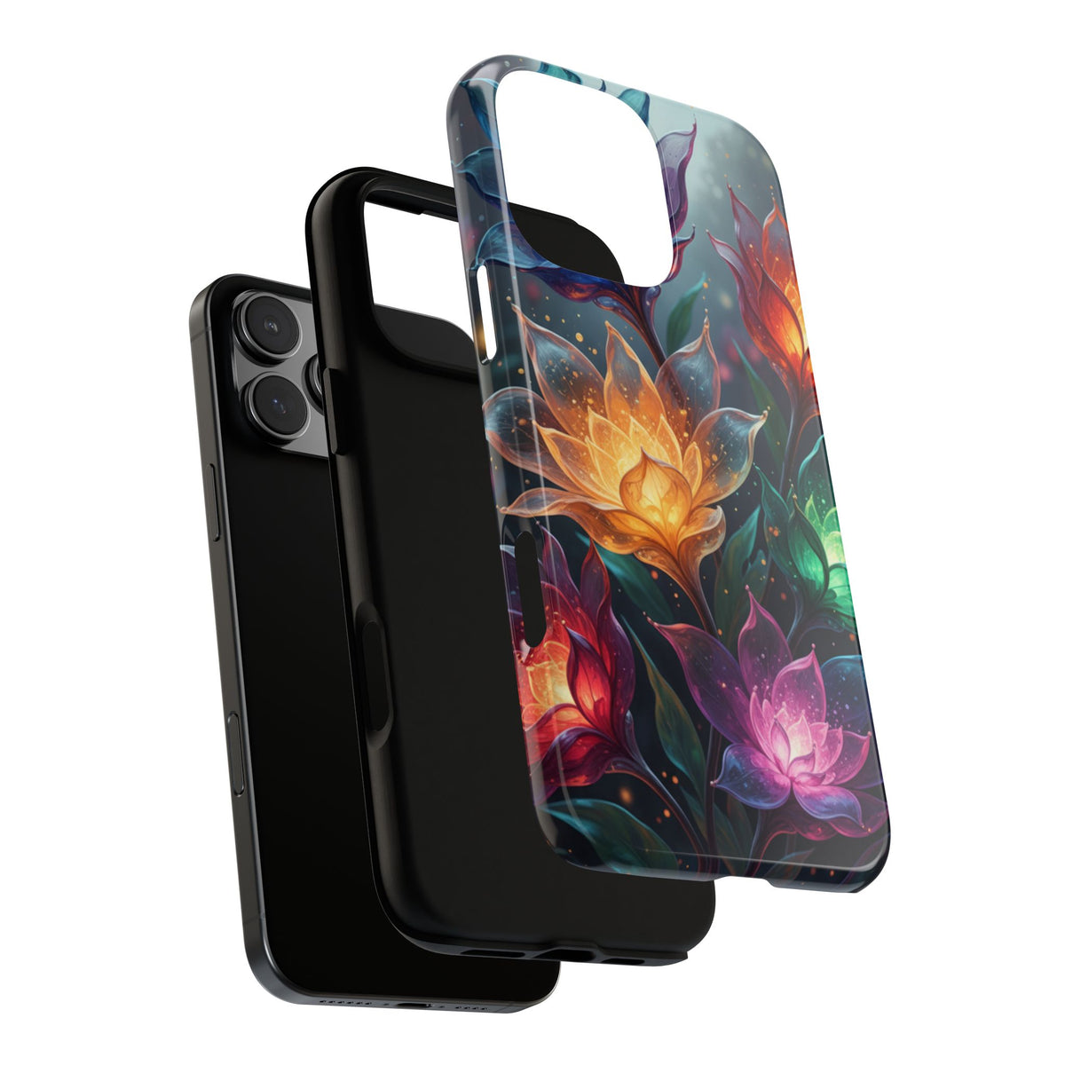 iPhone Tough Cases Phone Cases for iPhone 14\15\16\17 – Dual Layer, Matte/Glossy Finish, Wireless Charging CompatibleFloral Lotus Tough Phone Case - Colorful Glowing Flowers Protective Cover