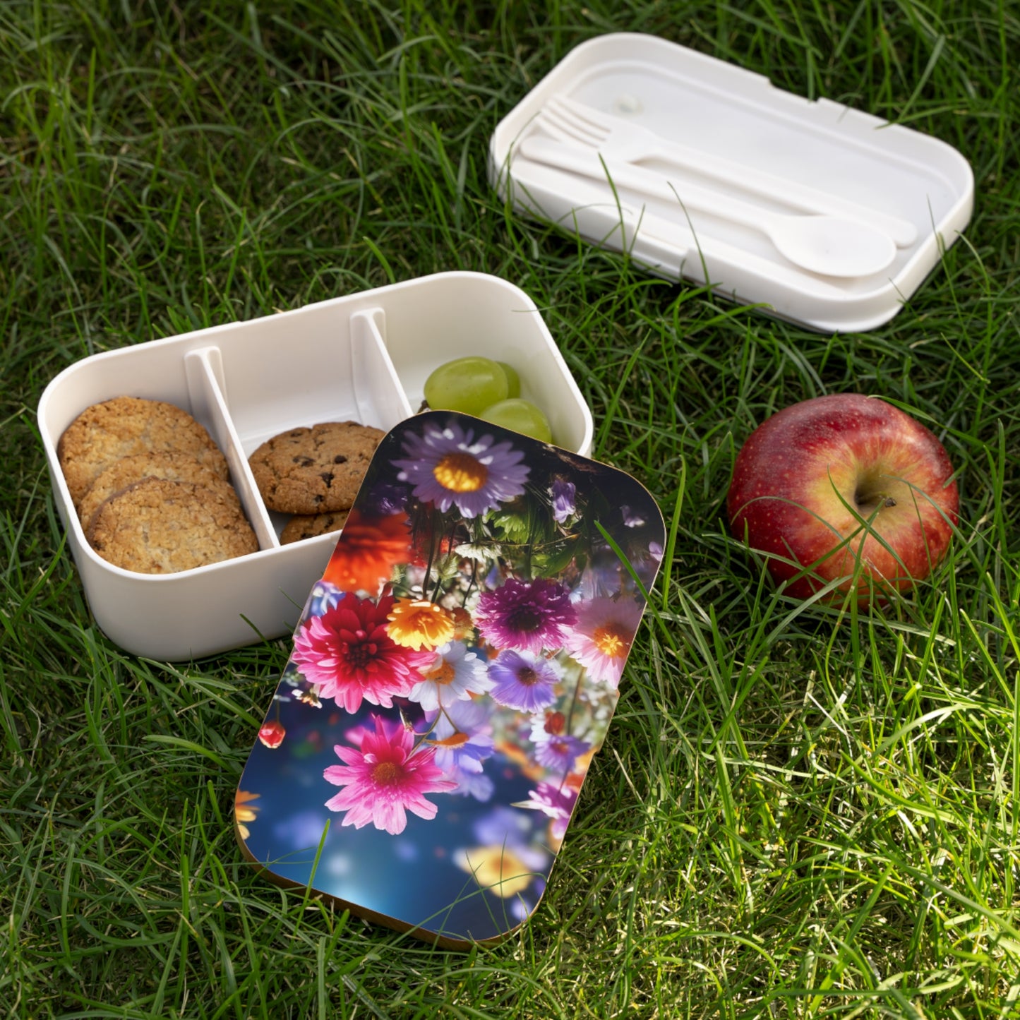 Floral Bouquet Bento Lunch Box. Portable, Custom Designed Food Container with Wooden Lid & Two Moveable Compartments for Work, School & Picnics