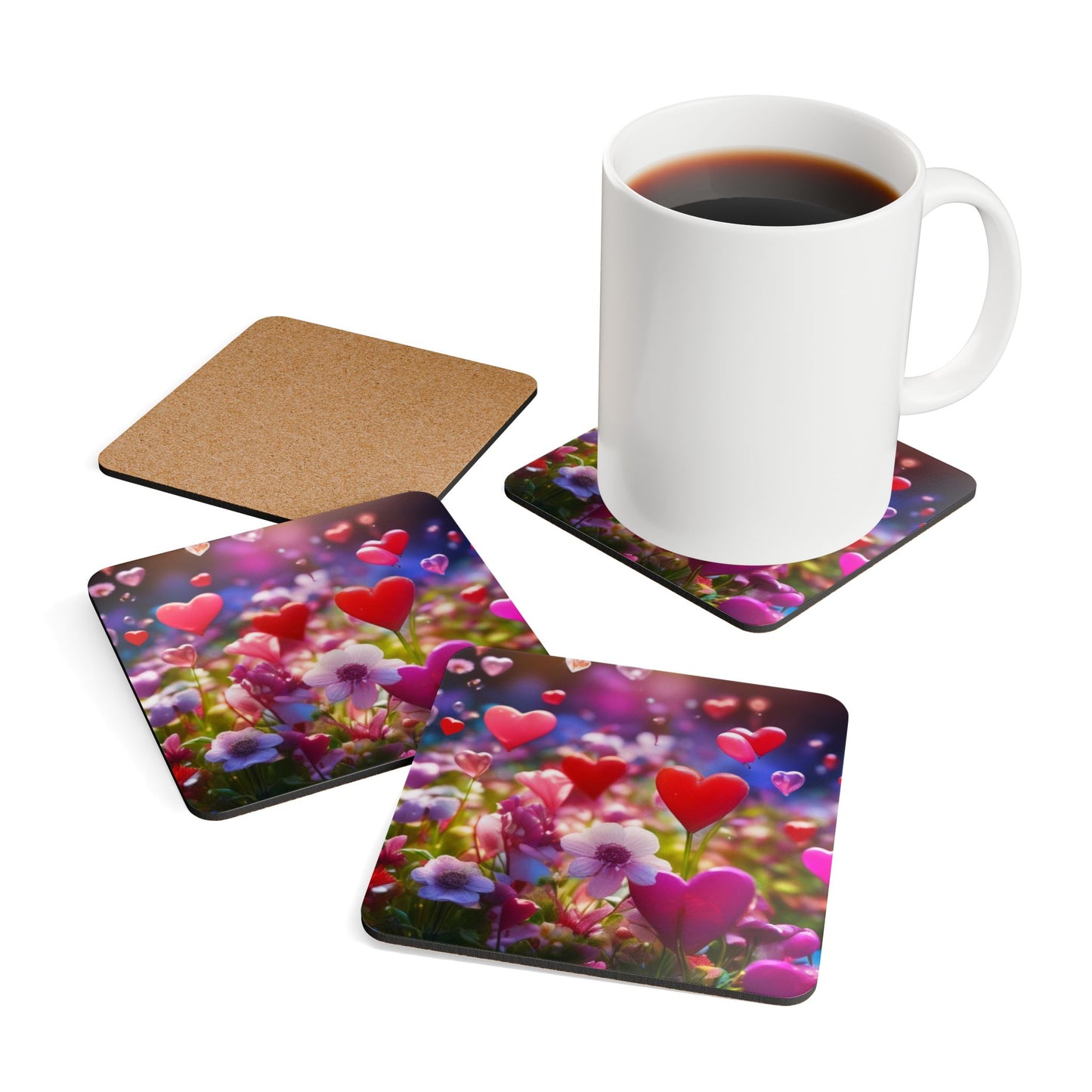 Heartfelt Floral Cork Coaster Set, Kitchen Decor, Gifts for Her