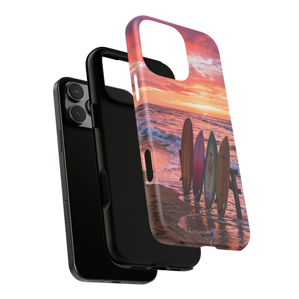 iPhone Tough Cases Phone Cases for iPhone 16\17\18 – Dual Layer, Matte/Glossy Finish, Wireless Charging Compatible. Phone Case - Sunset Surfboard Beach Case