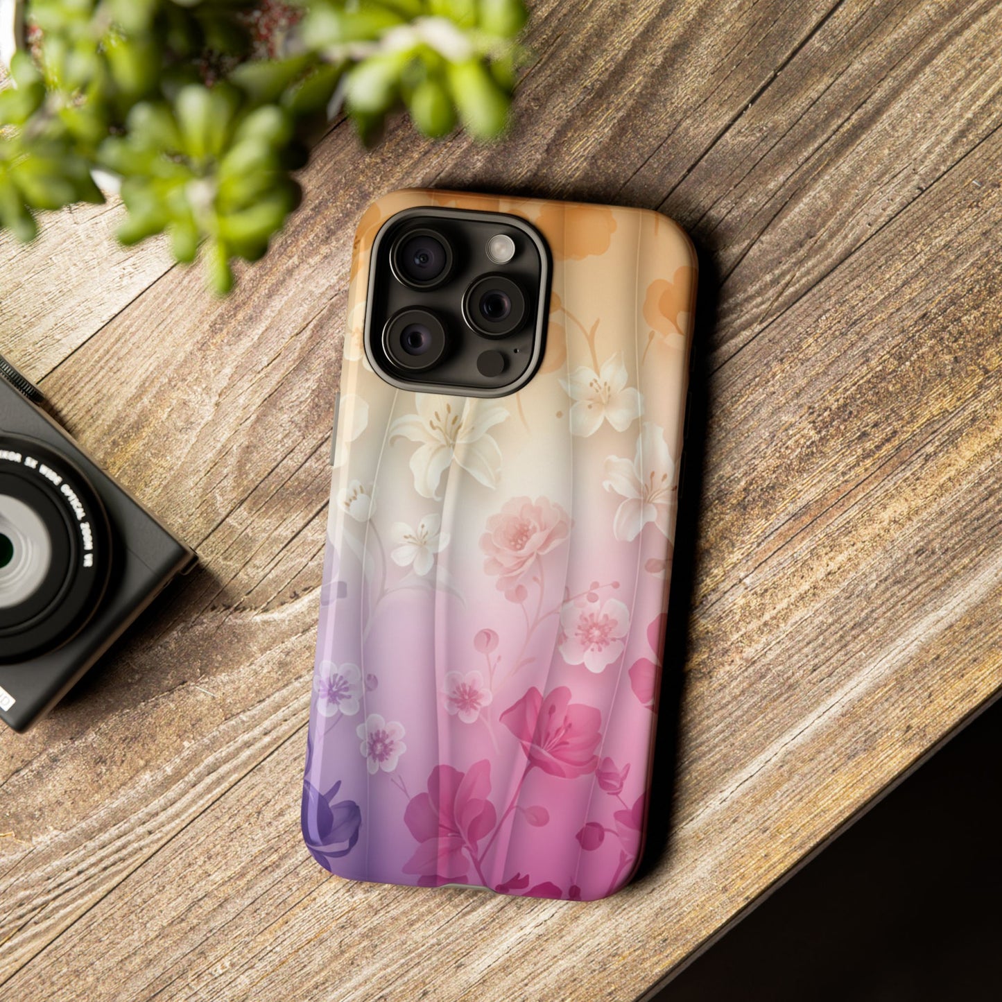 Floral Gradient Phone Case iPhone Tough Cases Phone Cases for iPhone 14\15\16\17 – Dual Layer, Matte/Glossy Finish, Wireless Charging Compatible - Pastel Ombre Flowers Protective Cover