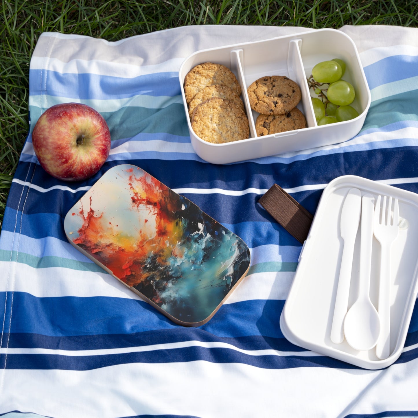 Stylish Bento Box Lunchbox – Portable, Designed Food Container with Wooden Lid & Two Moveable Compartments for Work, School & Picnics