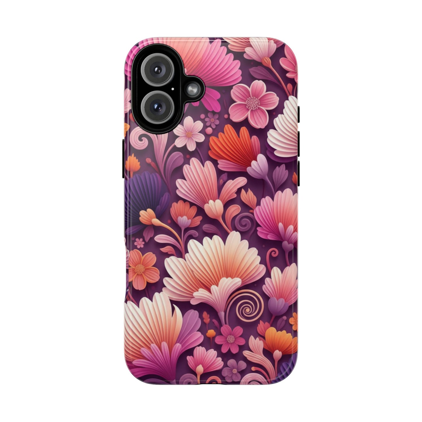 Floral Vibes Phone Case — iPhone Tough Cases Phone Cases for iPhone 14\15\16\17 – Dual Layer, Matte/Glossy Finish, Wireless Charging Compatible. Pink & Purple Retro Blossom Protective Cover