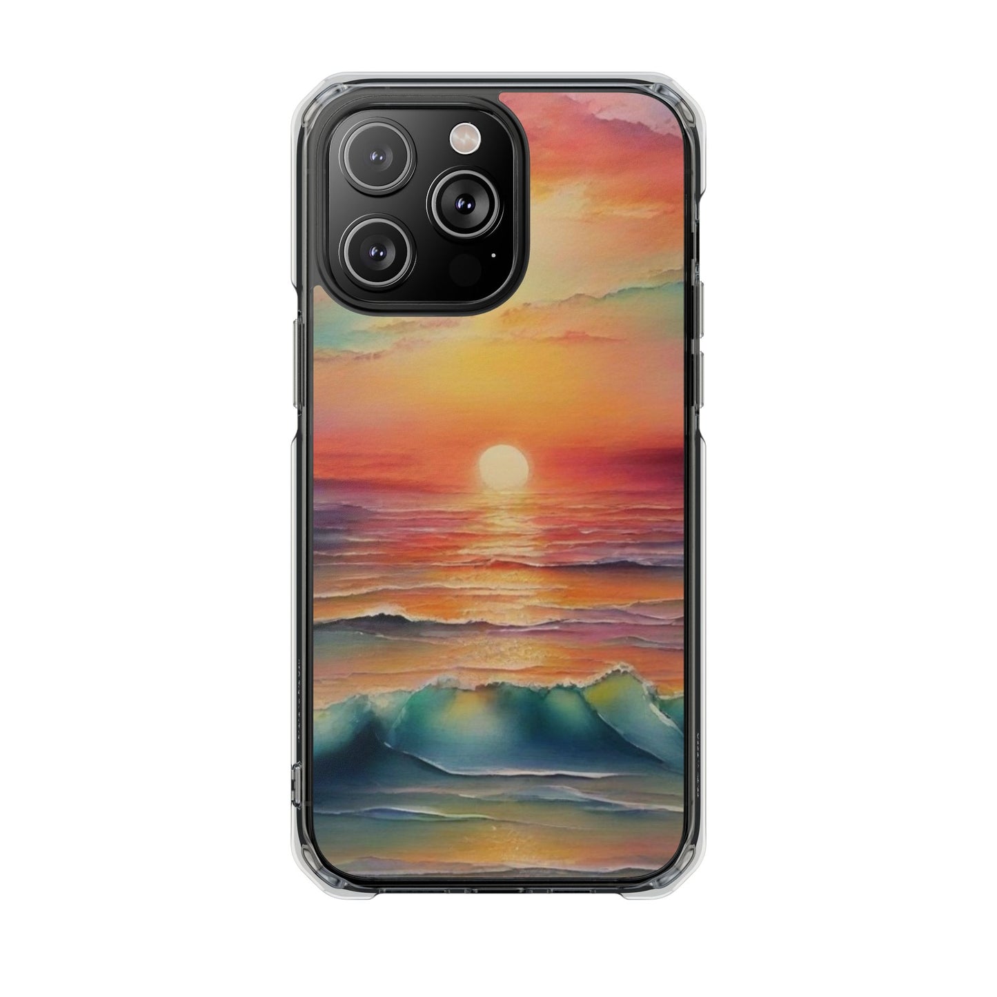 Clear Magnetic Phone Case — Sunset Ocean Art Design. Magnetic Impact Phone Case for iPhone 17/16/15/14. The Embedded Magnet Ring Keeps MagSafe Accessories Snapping on Smoothly.