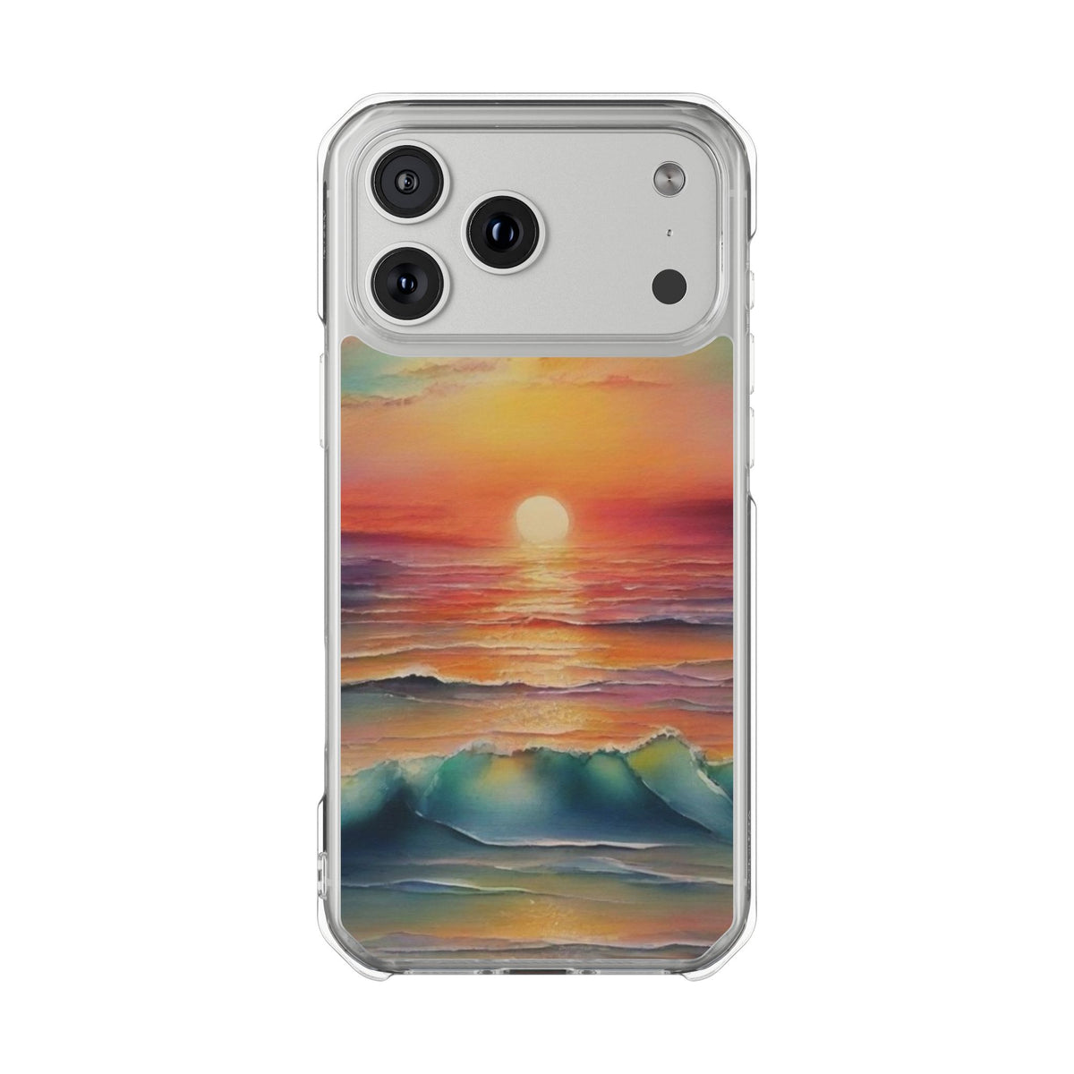 Clear Magnetic Phone Case — Sunset Ocean Art Design. Magnetic Impact Phone Case for iPhone 17/16/15/14. The Embedded Magnet Ring Keeps MagSafe Accessories Snapping on Smoothly.