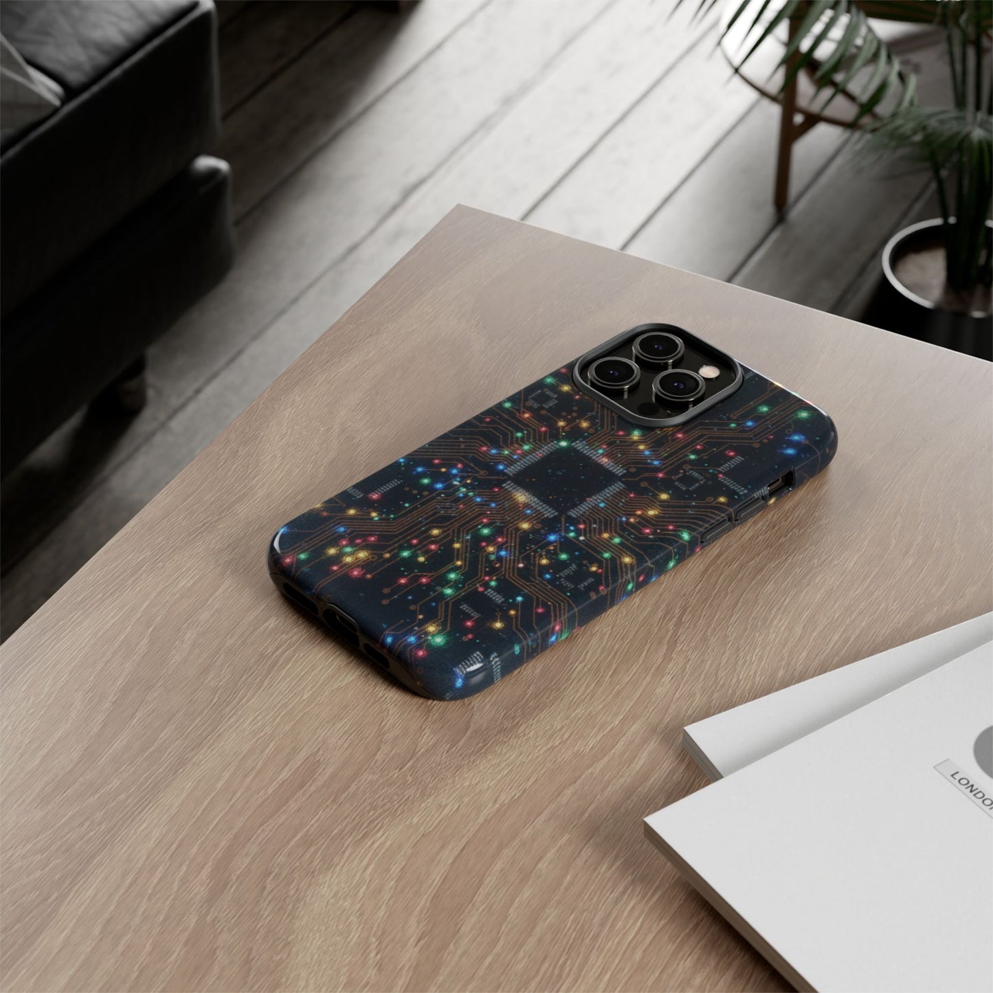 iPhone Tough Cases Phone Cases for iPhone 14\15\16\17 – Dual Layer, Matte/Glossy Finish, Wireless Charging Compatible, Circuit Board Phone Case – Colorful Microchip Tech Design, Durable Tough Case