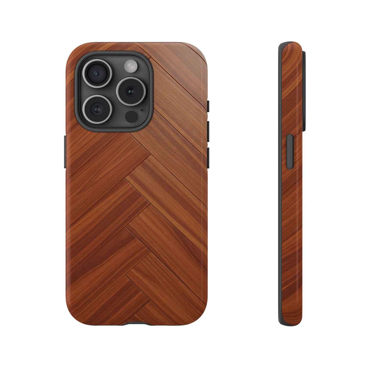 iPhone Tough Cases Phone Cases for iPhone 14\15\16\17 – Dual Layer, Matte/Glossy Finish, Wireless Charging Compatible. Plastic Woodgrain Herringbone Design Phone Case