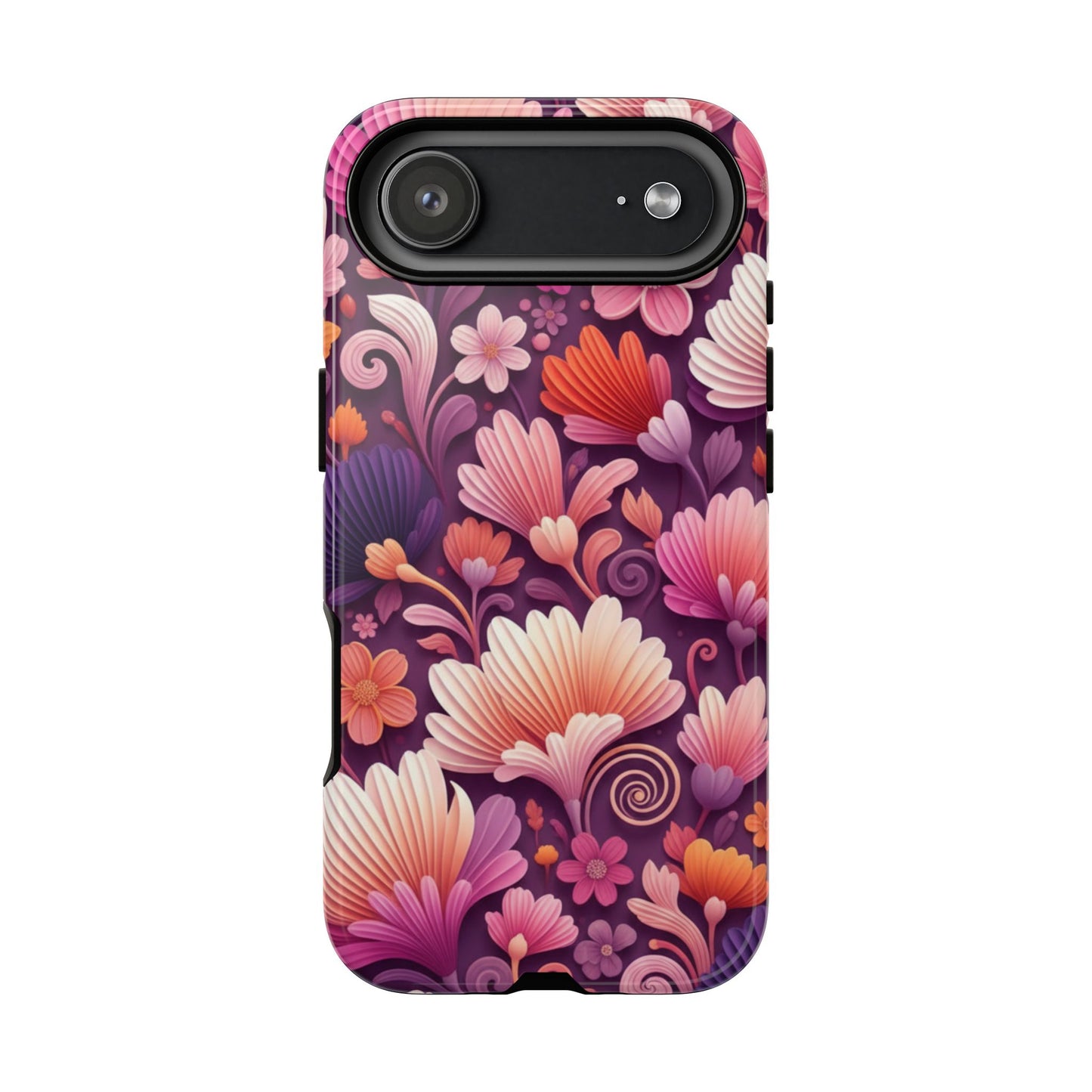 Floral Vibes Phone Case — iPhone Tough Cases Phone Cases for iPhone 14\15\16\17 – Dual Layer, Matte/Glossy Finish, Wireless Charging Compatible. Pink & Purple Retro Blossom Protective Cover