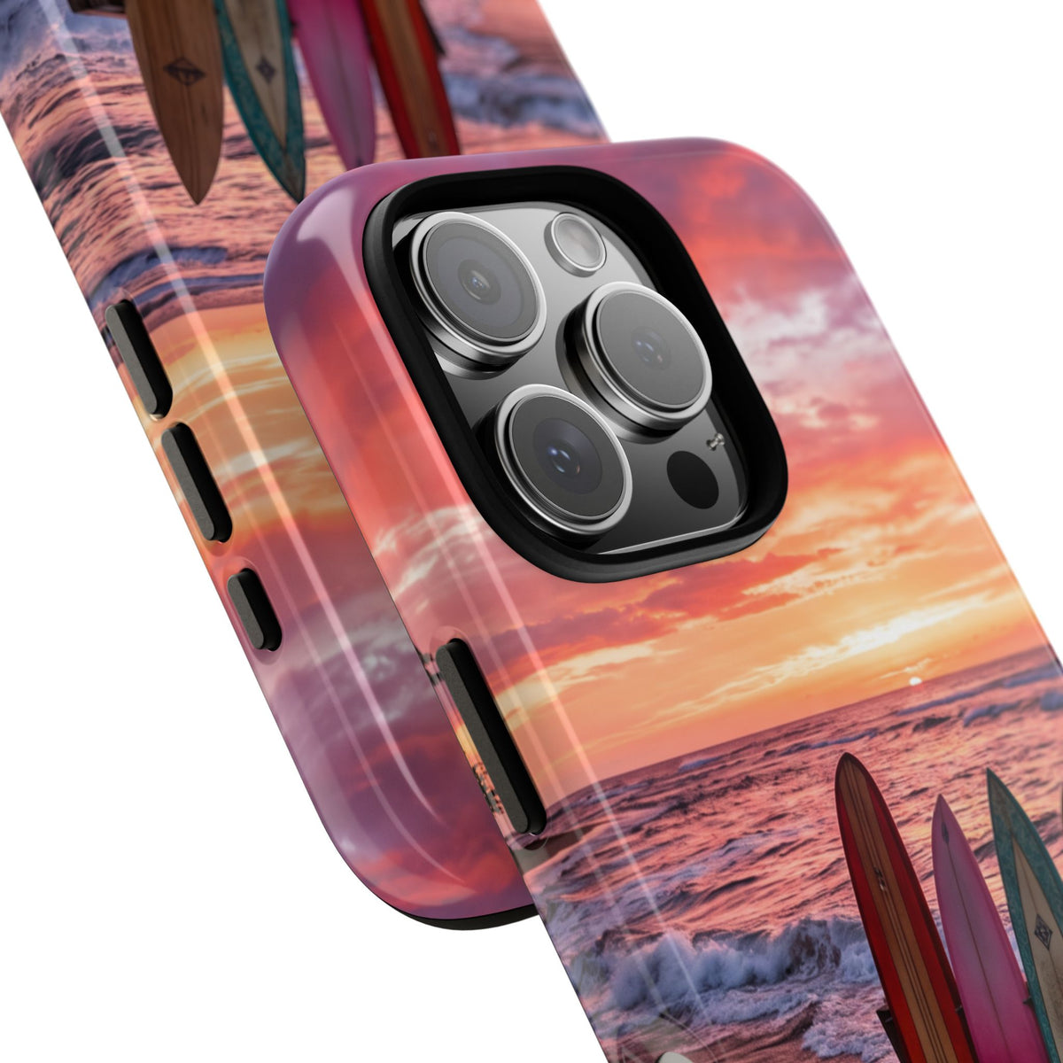 iPhone Tough Cases Phone Cases for iPhone 16\17\18 – Dual Layer, Matte/Glossy Finish, Wireless Charging Compatible. Phone Case - Sunset Surfboard Beach Case