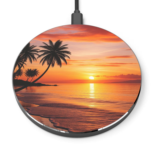 Sunset Beach Wireless Charger — Tropical Palm Sunrise Qi Charging Pad, Sunset Wireless Charger