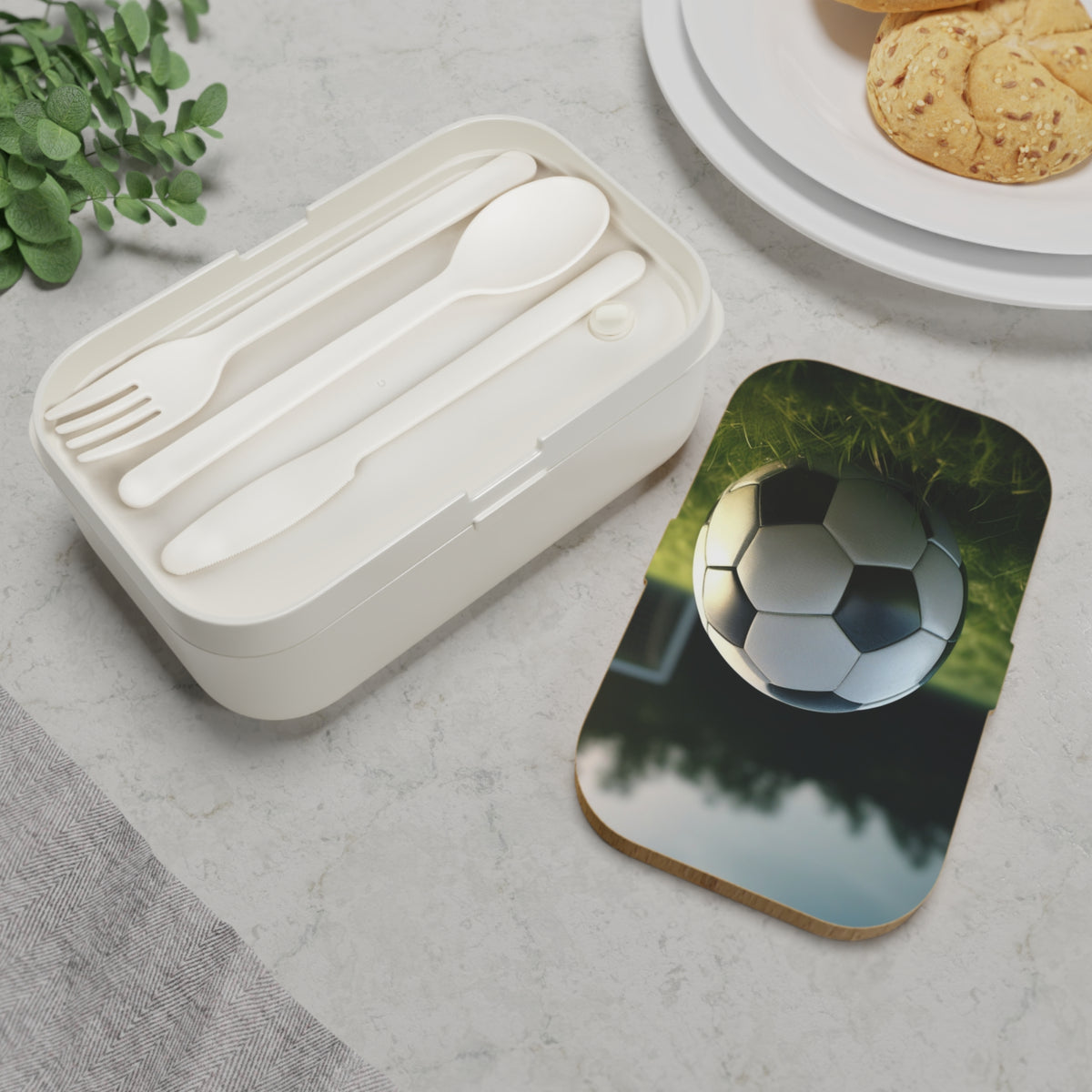 Stylish Bento Box Lunchbox – Portable, Designer Food Container with Wooden Lid & Two Moveable Compartments for Work, School & Picnics, Soccer Bento Lunch Box - Perfect for Sports Events & School Lunches