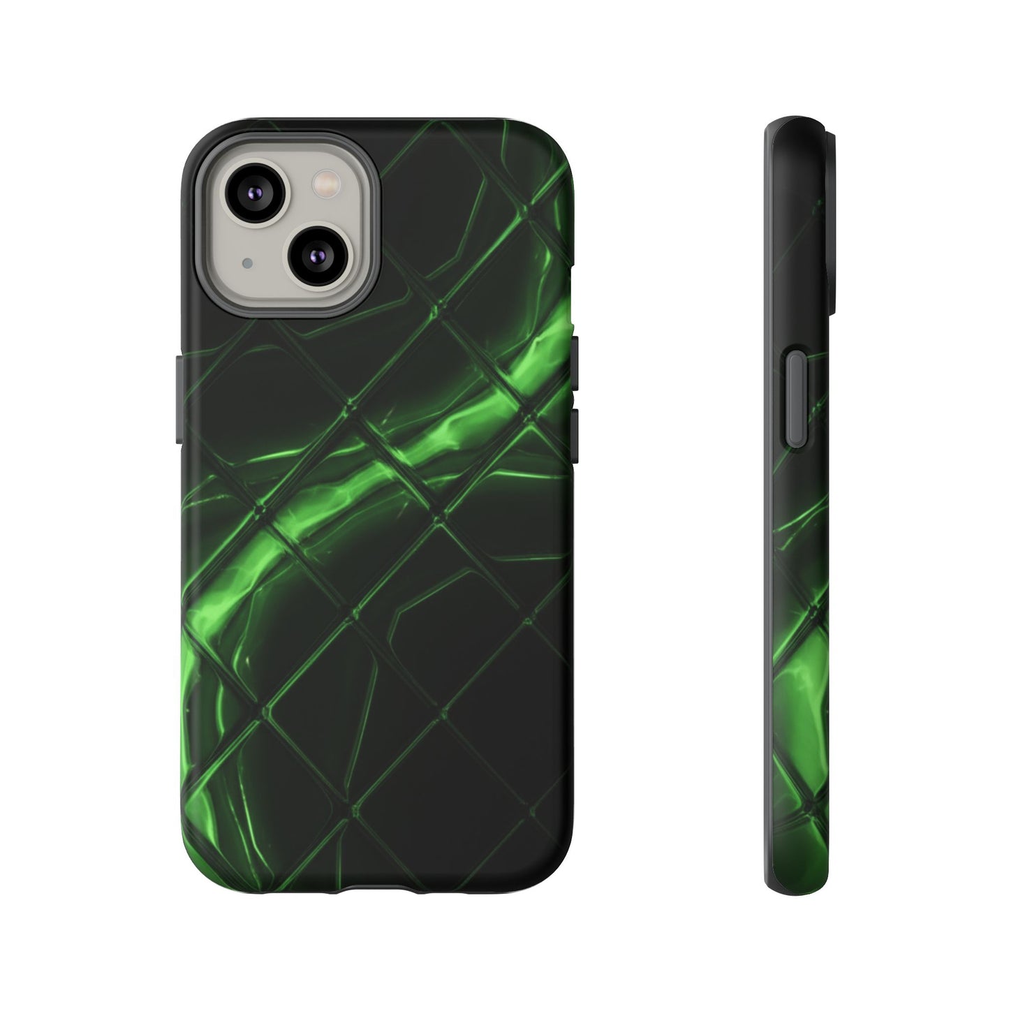 iPhone Tough Cases Phone Cases for iPhone 14\15\16\17 – Dual Layer, Matte/Glossy Finish, Wireless Charging Compatible. Green Neon Grid Phone Case — Protective Tough Case with Abstract Glow Design
