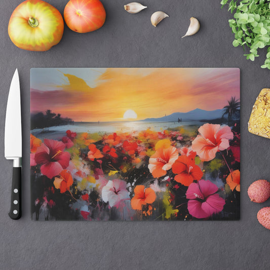 Tempered Glass Cutting Board – Hygienic, Scratch-Resistant, Dishwasher-Safe | Modern Kitchen Essential, Vibrant Floral Sunset Cutting Board - Artistic Kitchen Decor