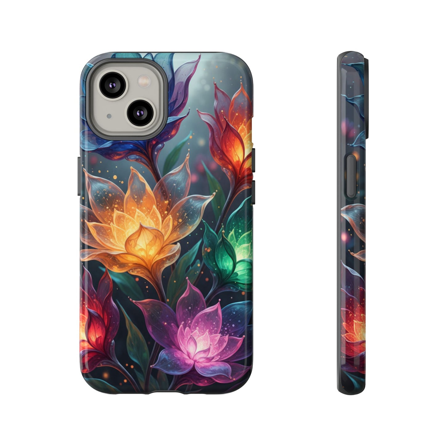 iPhone Tough Cases Phone Cases for iPhone 14\15\16\17 – Dual Layer, Matte/Glossy Finish, Wireless Charging CompatibleFloral Lotus Tough Phone Case - Colorful Glowing Flowers Protective Cover