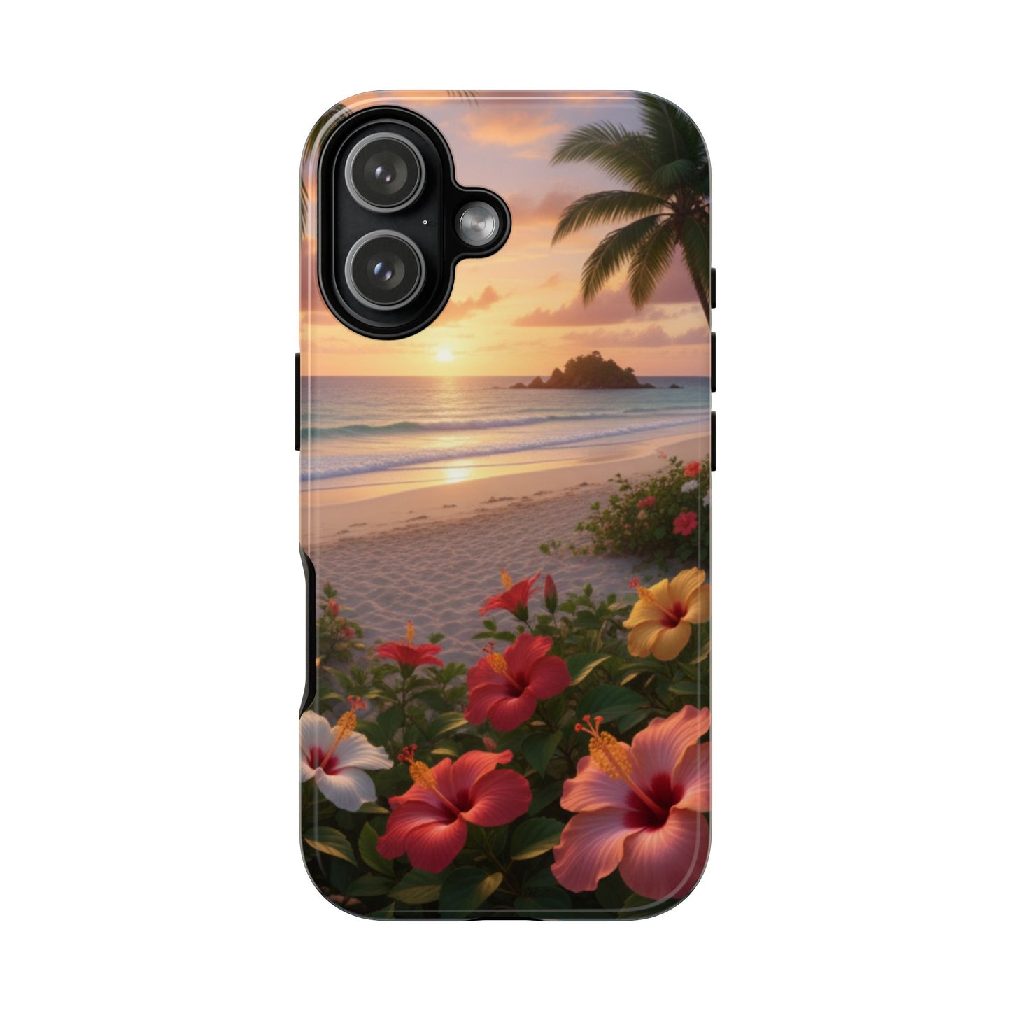 iPhone Tough Cases Phone Cases for iPhone 14\15\16\17 – Dual Layer, Matte/Glossy Finish, Wireless Charging CompatibleTough Cases — Tropical Sunset Hibiscus Phone Case