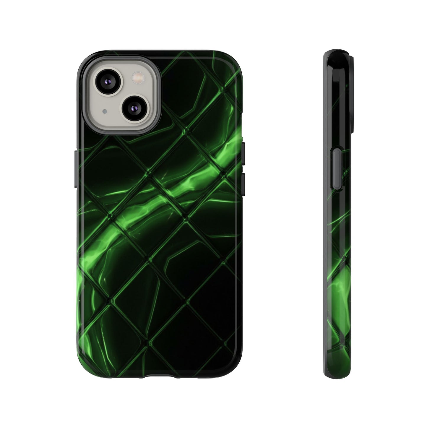 iPhone Tough Cases Phone Cases for iPhone 14\15\16\17 – Dual Layer, Matte/Glossy Finish, Wireless Charging Compatible. Green Neon Grid Phone Case — Protective Tough Case with Abstract Glow Design