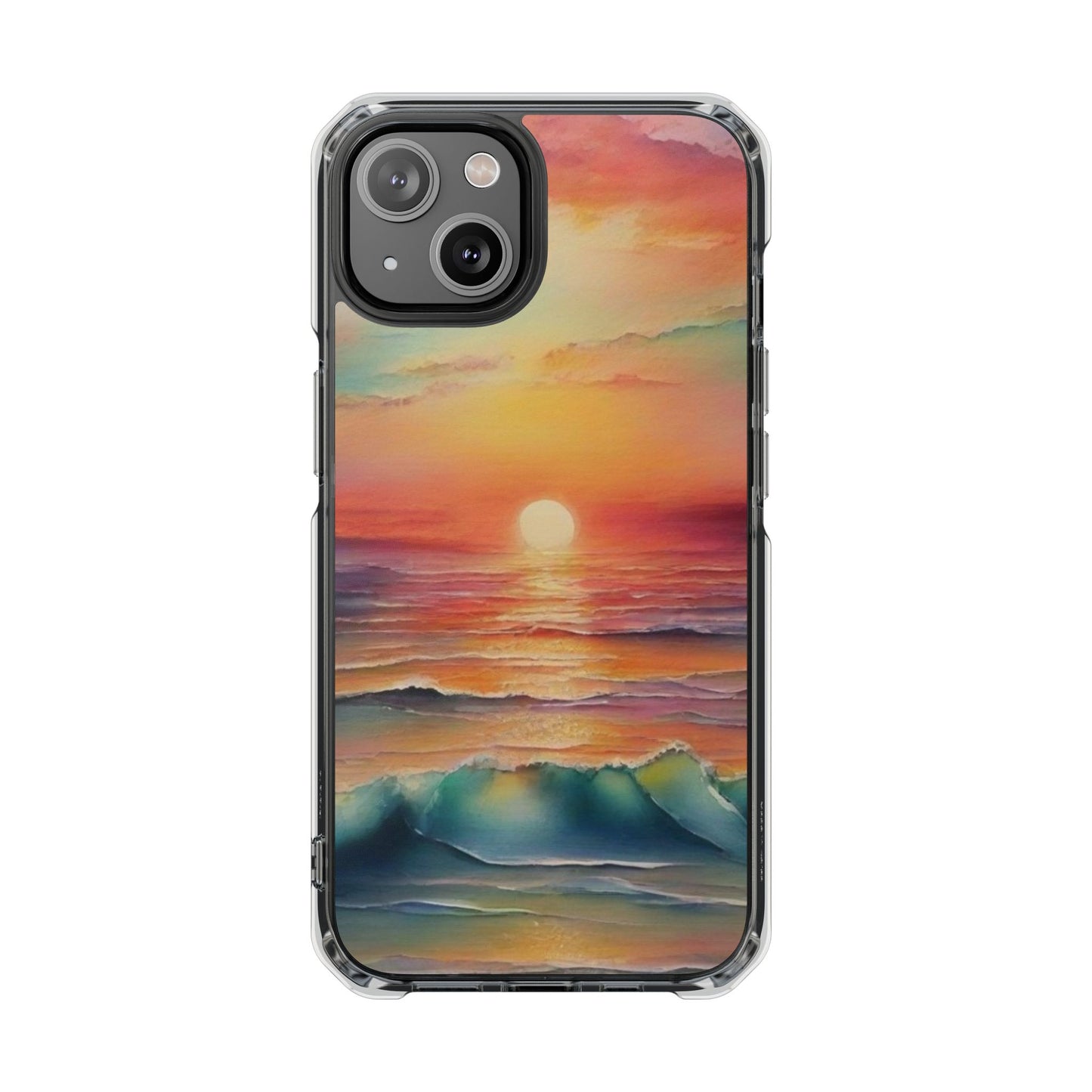 Clear Magnetic Phone Case — Sunset Ocean Art Design. Magnetic Impact Phone Case for iPhone 17/16/15/14. The Embedded Magnet Ring Keeps MagSafe Accessories Snapping on Smoothly.