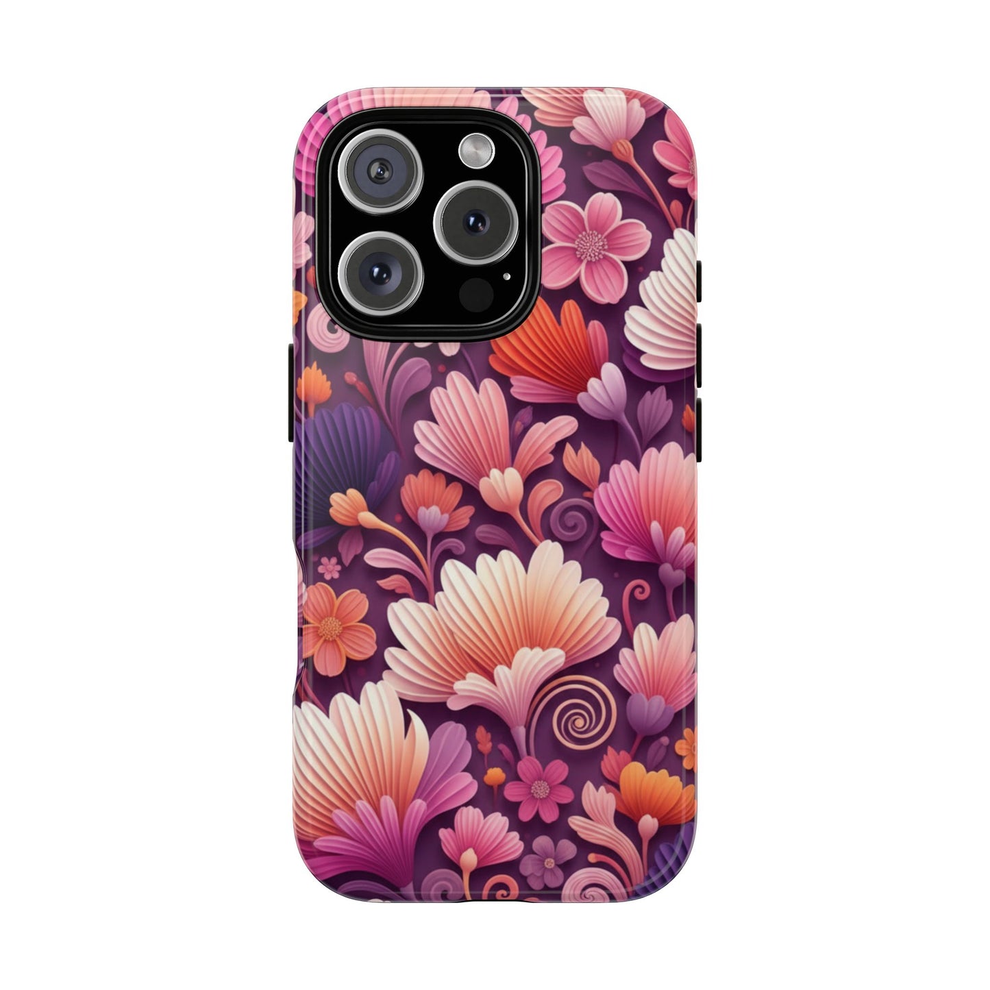 Floral Vibes Phone Case — iPhone Tough Cases Phone Cases for iPhone 14\15\16\17 – Dual Layer, Matte/Glossy Finish, Wireless Charging Compatible. Pink & Purple Retro Blossom Protective Cover