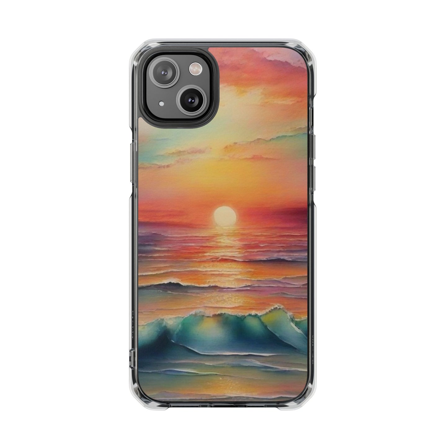 Clear Magnetic Phone Case — Sunset Ocean Art Design. Magnetic Impact Phone Case for iPhone 17/16/15/14. The Embedded Magnet Ring Keeps MagSafe Accessories Snapping on Smoothly.