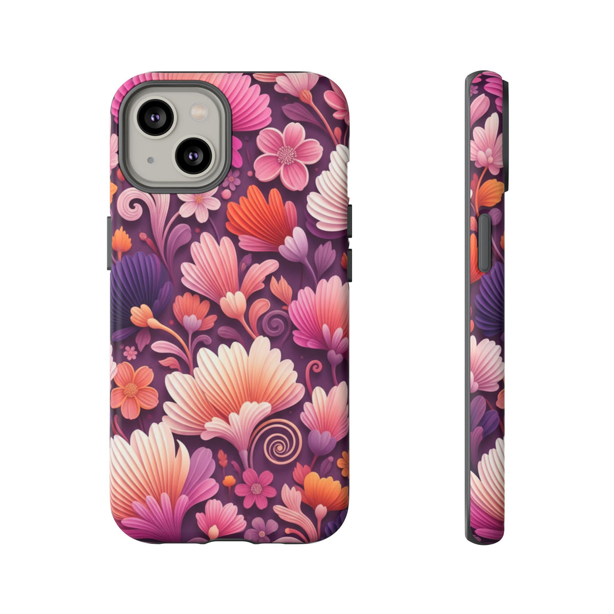 Floral Vibes Phone Case — iPhone Tough Cases Phone Cases for iPhone 14\15\16\17 – Dual Layer, Matte/Glossy Finish, Wireless Charging Compatible. Pink & Purple Retro Blossom Protective Cover