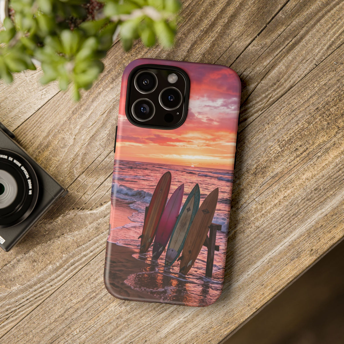 iPhone Tough Cases Phone Cases for iPhone 16\17\18 – Dual Layer, Matte/Glossy Finish, Wireless Charging Compatible. Phone Case - Sunset Surfboard Beach Case