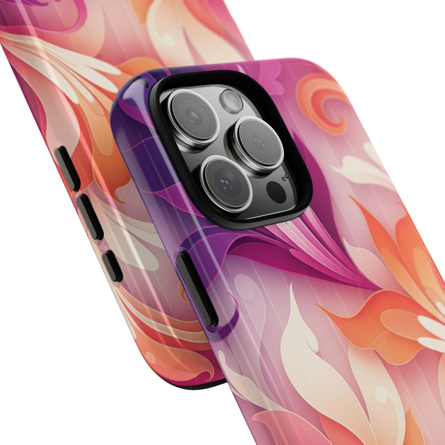 Floral Swirl Tough Phone Case iPhone Tough Cases Phone Cases for iPhone 14\15\16\17 – Dual Layer, Matte/Glossy Finish, Wireless Charging Compatible — Pink & Orange Protective iPhone Cover